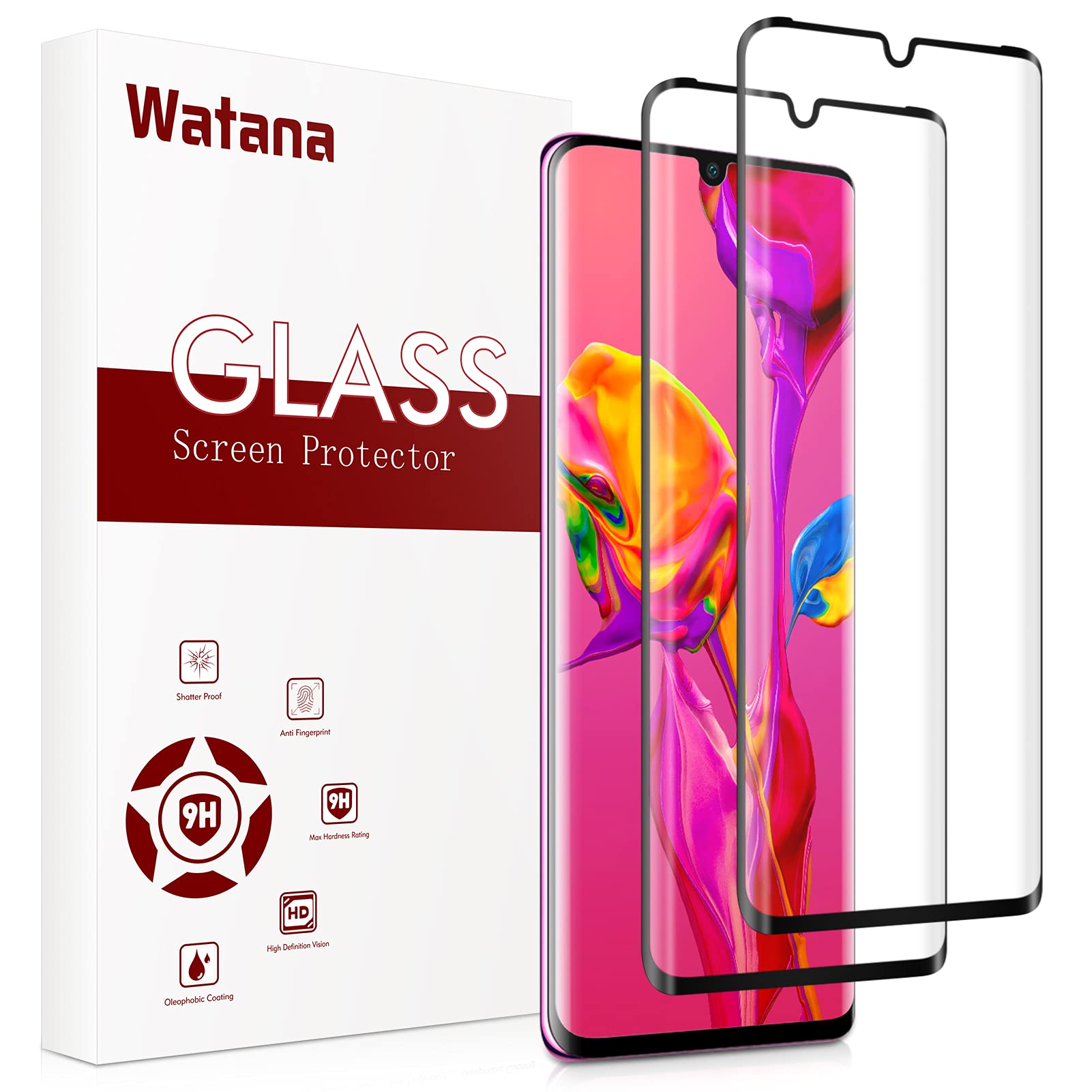 Watana Screen Protector for Huawei P30 Pro, 3D Full Coverage Tempered Glass Film for Huawei P30 Pro, [Support Fingerprint Sensor, Case Friendly, Anti-Bubble] [9H Hardness] [2 Pack]