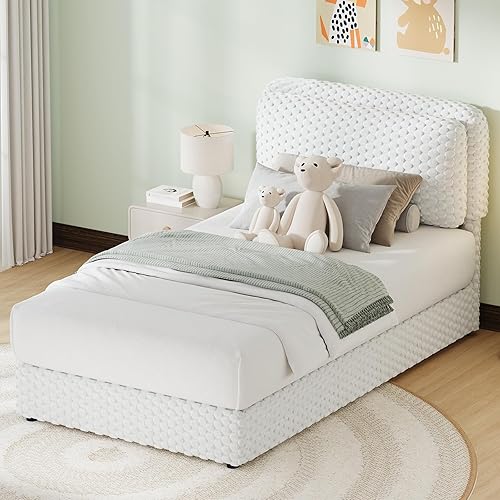 Miniatura 8 de Base de cama Queen con cabecero, plataforma tapizada de pana tamaño Queen con cabecero, no necesita somier, fácil montaje, color crema