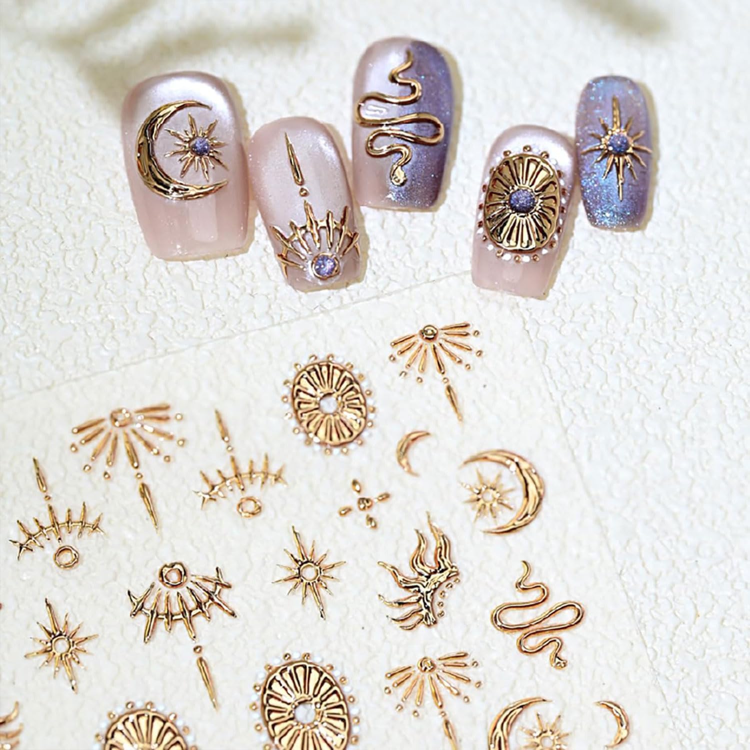 Gold Nail Art Sticker Decals Star Moon Nail Stickers Snake with Design Self Adhesive Nail Decals 5D Embossed with Design Bronzing Manicure DIY Supply Decoration Accessories for Women