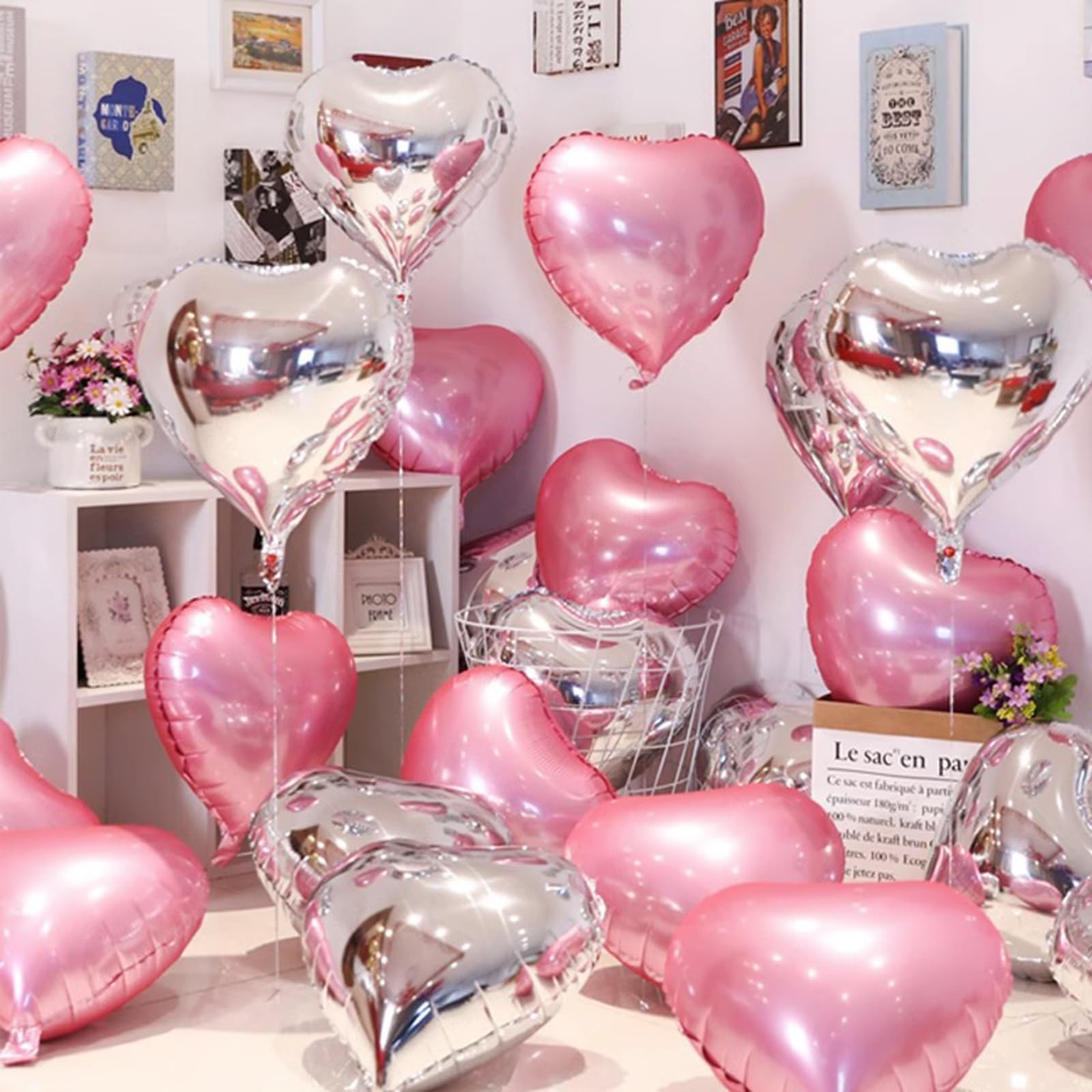 ANTOLE 18 Inch Pack of 10 Heart Shaped Balloons,Big Metallic Foil Balloon for Valentine's Day,Bridal Shower Birthday Bachelor Party Decorations Pink & Silver