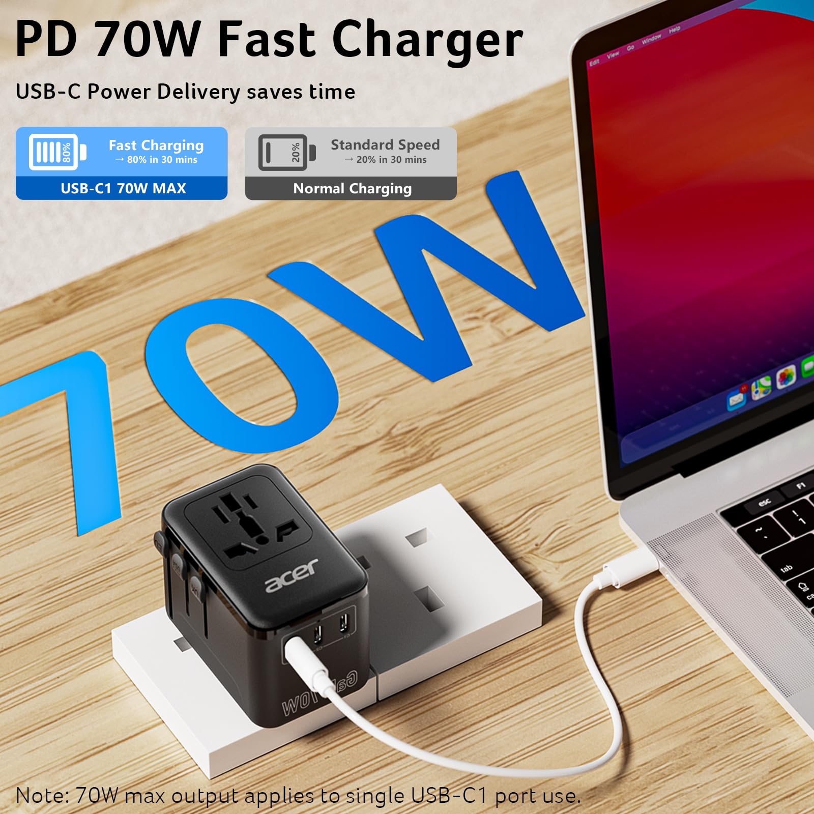 Acer 70W GaN Universal Travel Plug Adapter - International Power Adapter with 3 USB C 1 USB A — view 3