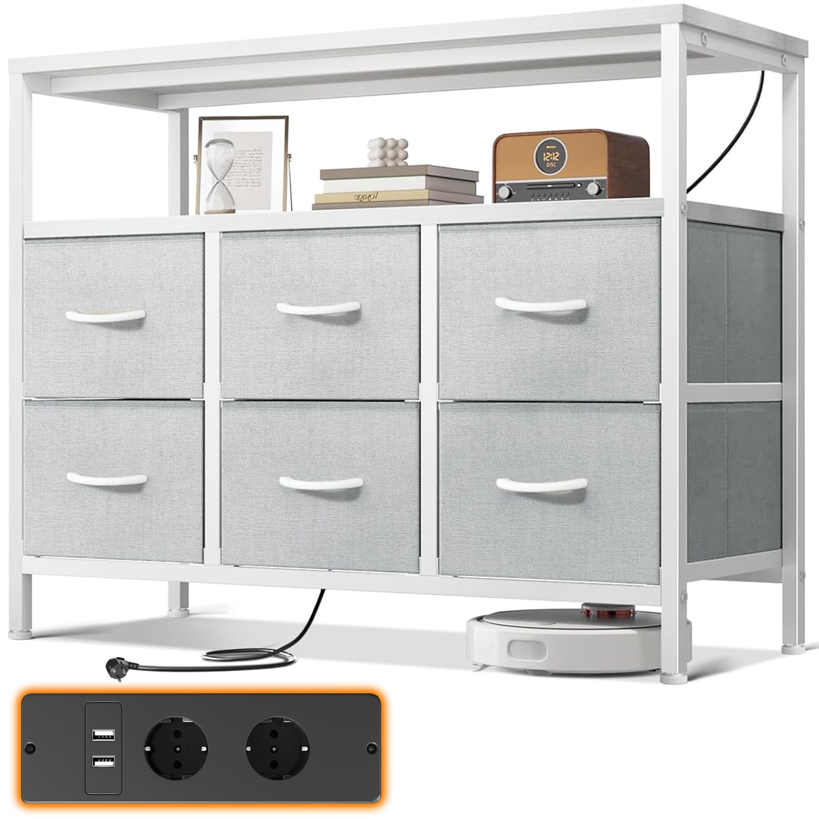 ODK Cassettiera Como Camera da Letto,con 2 Prese e 2 Porte di Ricarica USB,Contiene 6 Cassetti Grandi Cassettiera Cameretta,Comò Camera da Letto Cassettiere e Credenze Per Soggiorno,Bianco