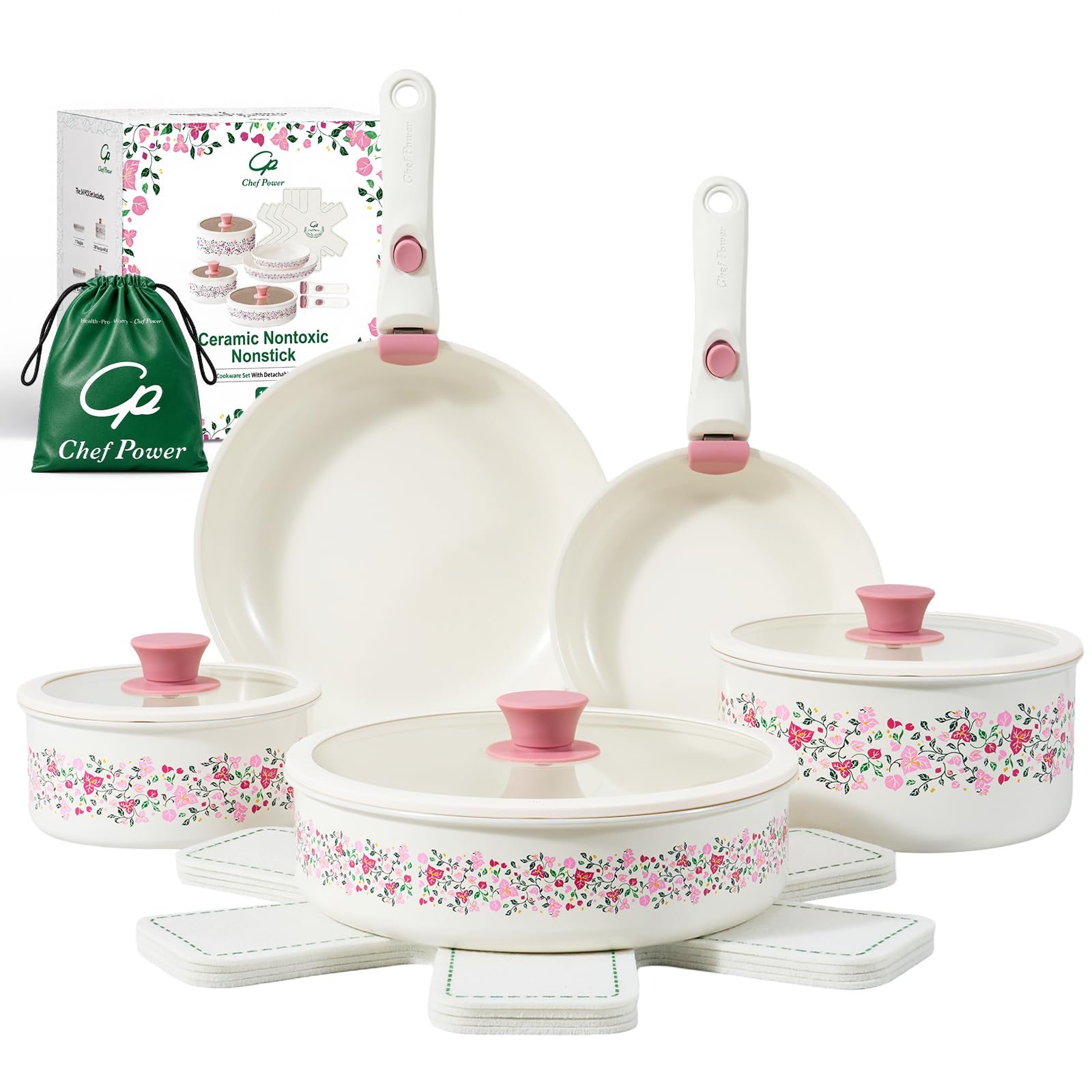 Chef Powe Ceramic Cookware Set Non Toxic, 14Pcs Detachable Pans and Pots | Detachable Han…