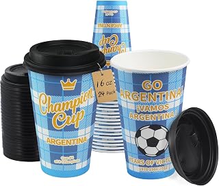 16 oz Champion Cup A Salute To Argentina, 3-Time World Soccer Champion, 24 Sets Disposable Paper Party Cups with Lids for Fan Event Decorations Game-Day Festival, ¡VAMOS ARGENTINA 2026