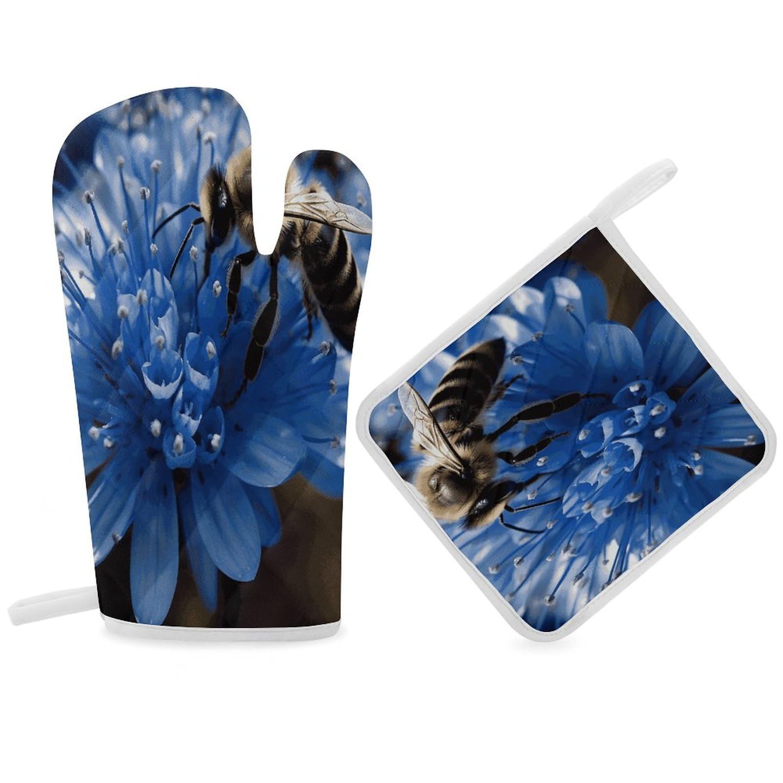 Blue Flower Bee Oven Mitt Thick Substantial Heat Insulation Gloves Soft Skin-Friendly Temperature Resistant Oven Mitts for Cooking Lover Cooks