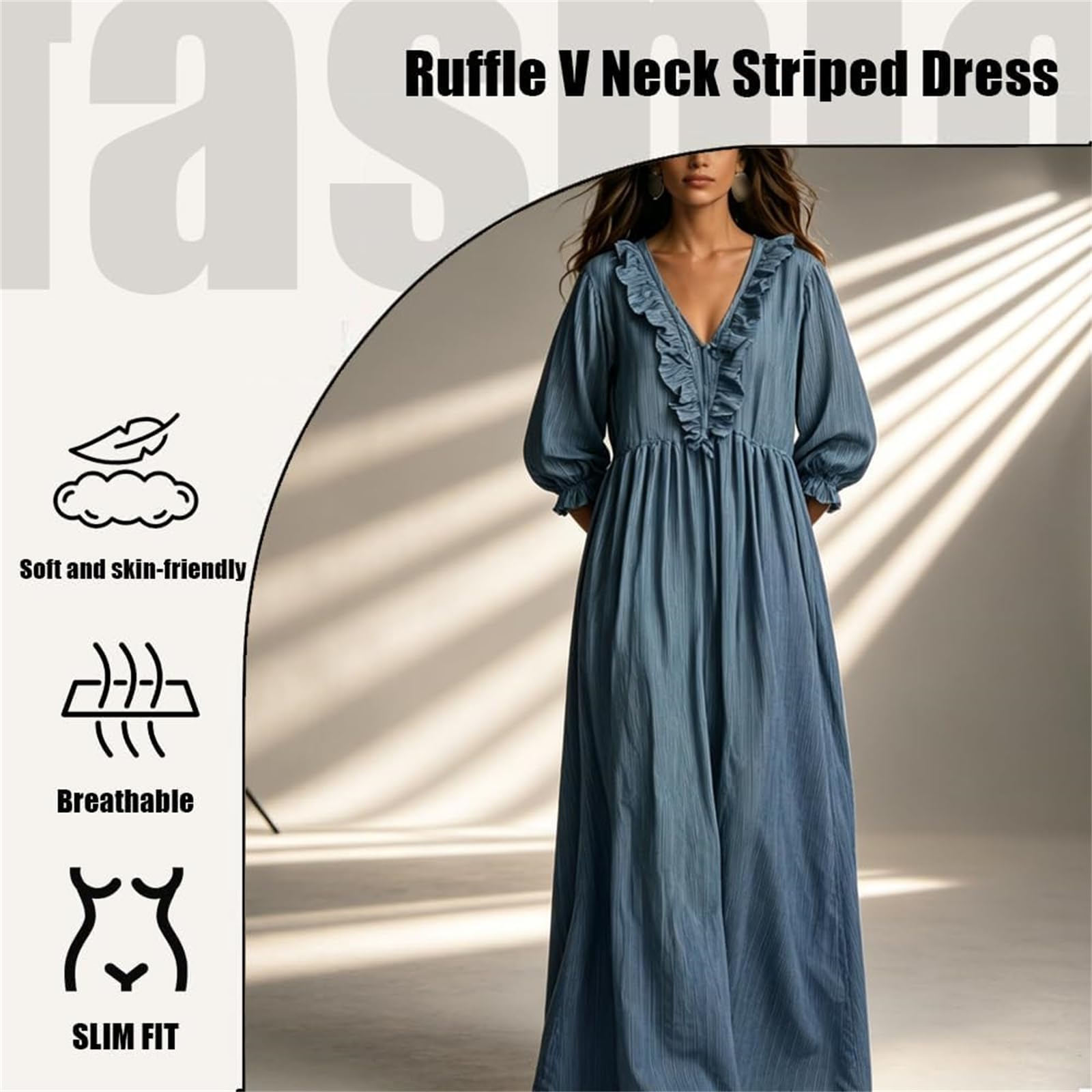 Maxi Abito da Donna Ampio e Fluido, a Righe con Stampa Artistica, Scollo a V, Maniche a Sbuffo con Ruches – Maxi Abito Casual ed Elegante a Righe con Ruches