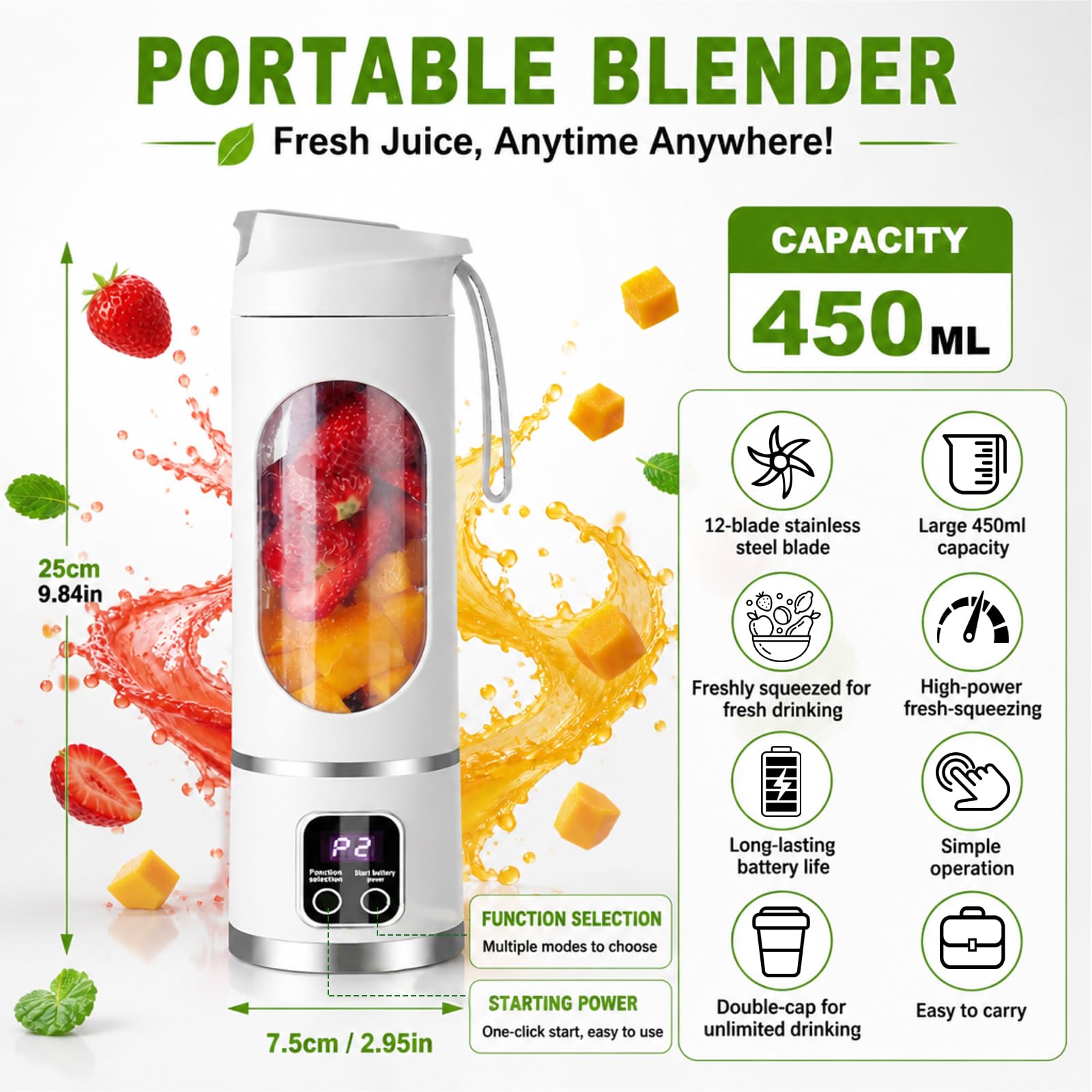Tragbarer Mixer Smoothie Maker To Go, 500ml Portable Blender mit LED Display und 12 Klingen, USB 1500mAh Elektrisch Mixer, BPA-frei, für Sport, Reisen, Büro, Outdoor (Weiß)