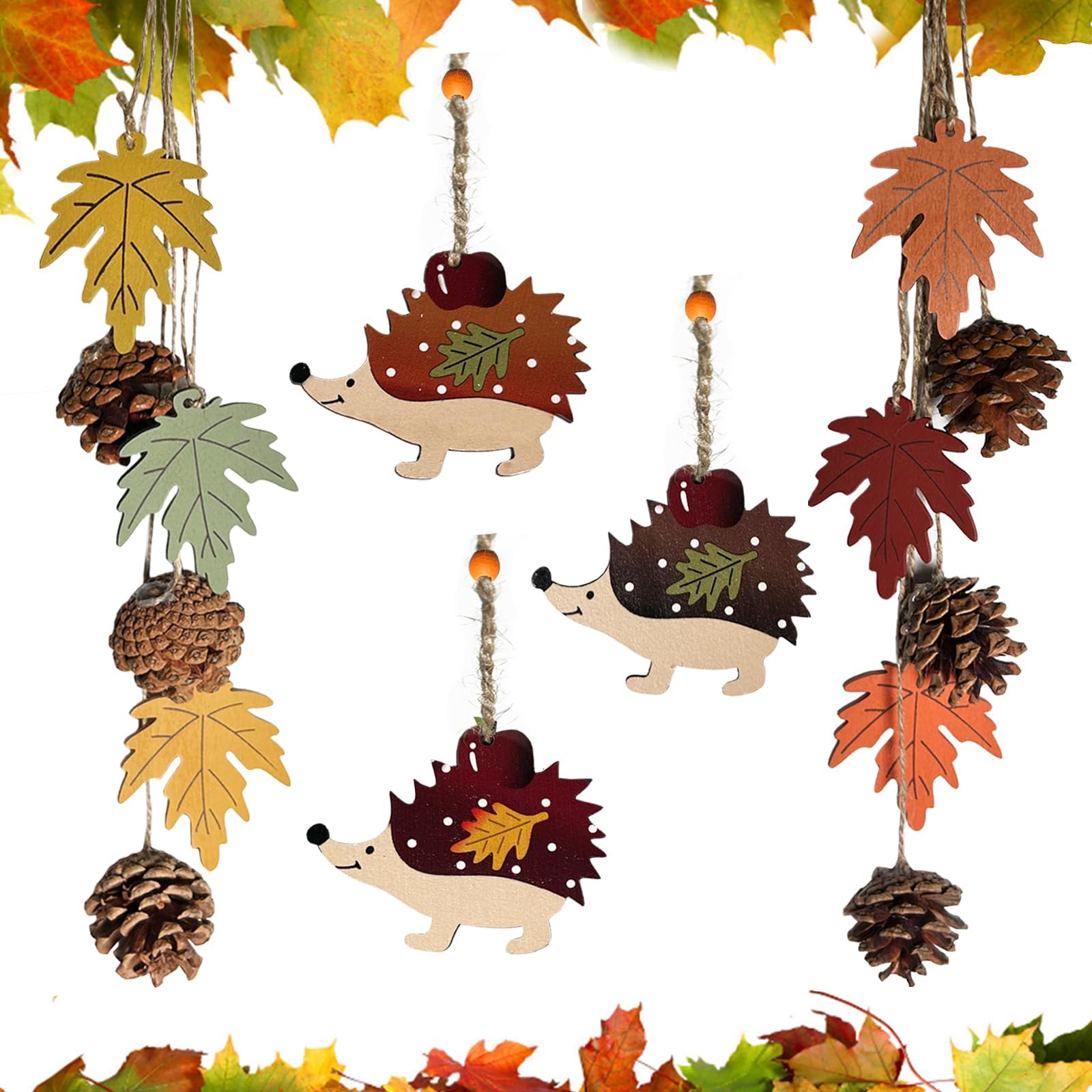 HILKKET Herbst Dekoration, Holz Deko Hänger, 7cm Autumn Decor, Ahornblatt Kiefernzapfen Pilz Blätter Igel, Fenster Deko Hängen für Erntedankfest, Herbstdeko Draußen Innen