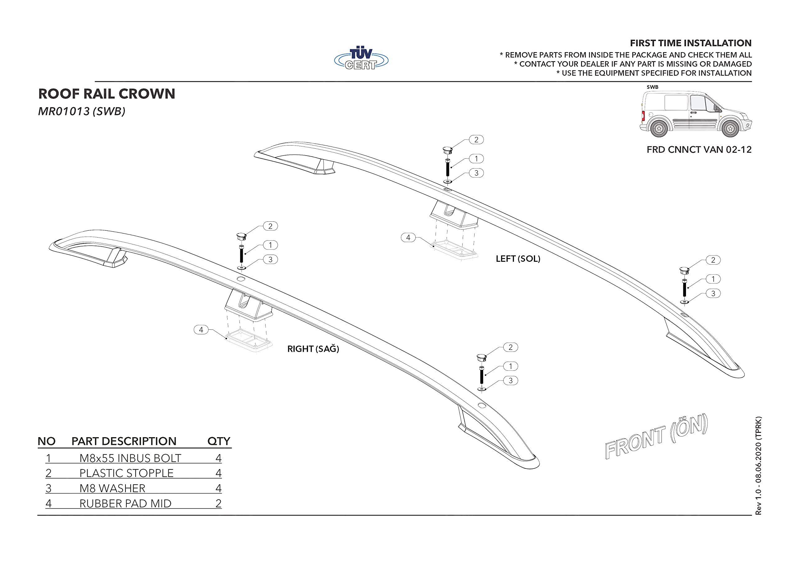 Kompatibel mit Ford Transit/Tourneo Connect 2002-2013 (Kurzer Radstand L1/H1) Dachreling Dachträger Gepäckträger Schwarz