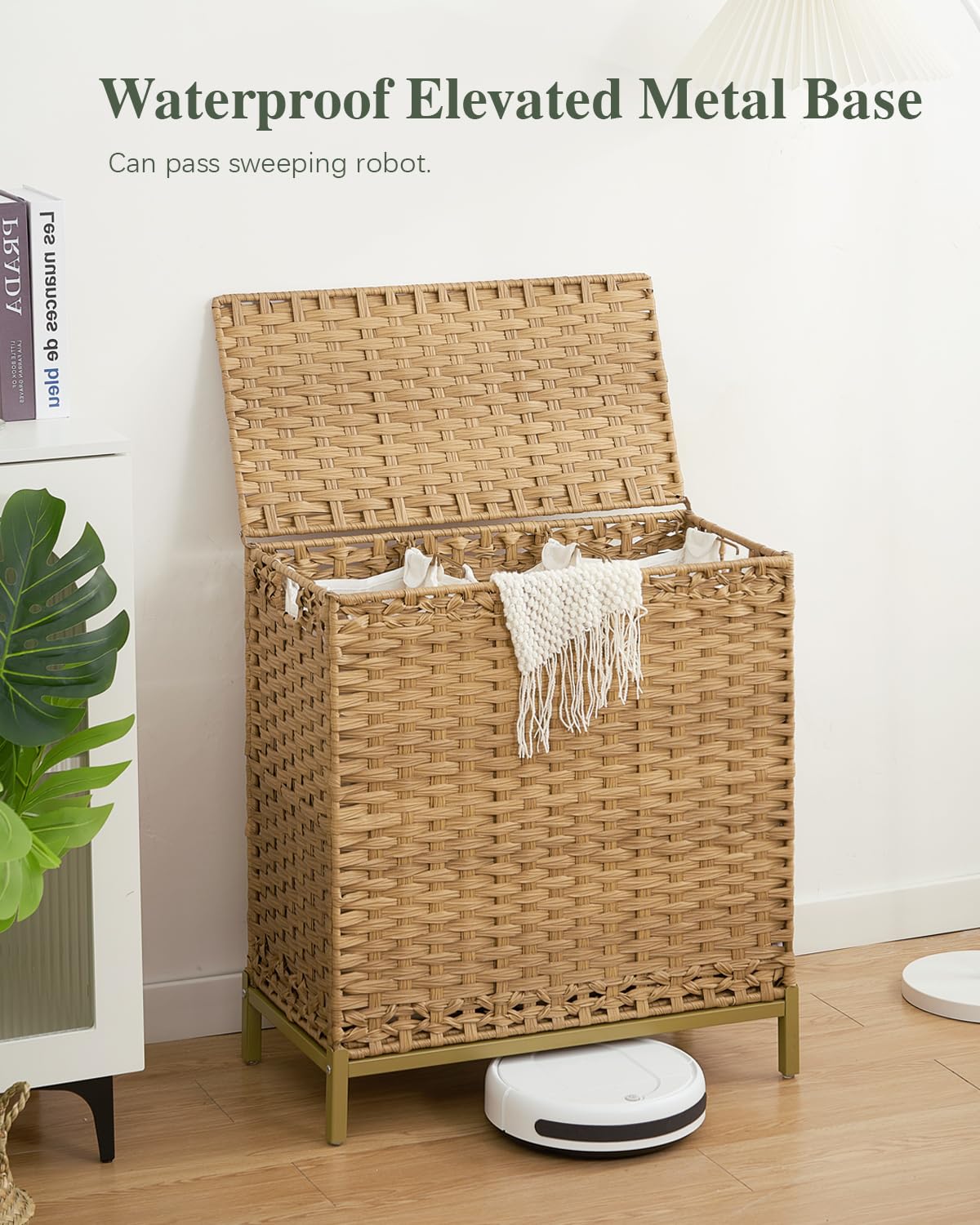 SETVSON Laundry Hamper with Lid 132 L, (35 Gallons) Clothes Hamper with Lid, Handwoven Rattan Laundry Hamper with Metal Heightened Feet, Laundry Hampers with 3 Removable Liner Bags for Laundry-Natural