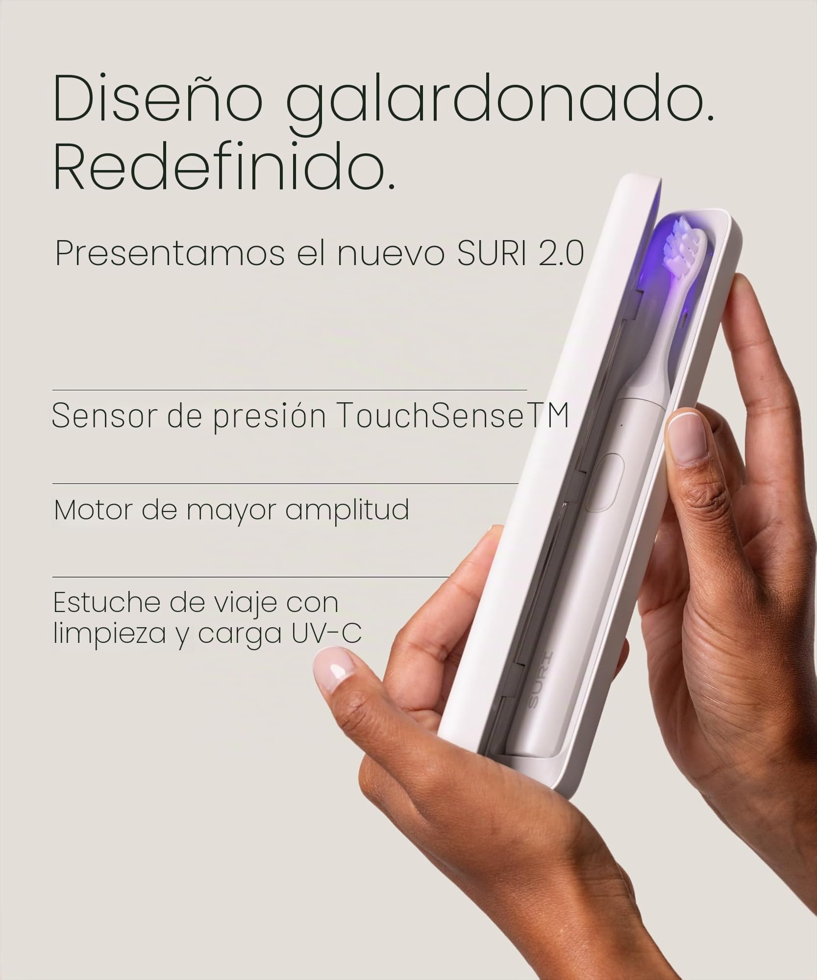 SURI Cepillo de dientes eléctrico sónico 2.0 | Sensor de presión y estuche de viaje de limpieza UV | 1 mes + batería | Diseñado en Londres | Cepillo de dientes eléctrico para adultos | Cepillos de