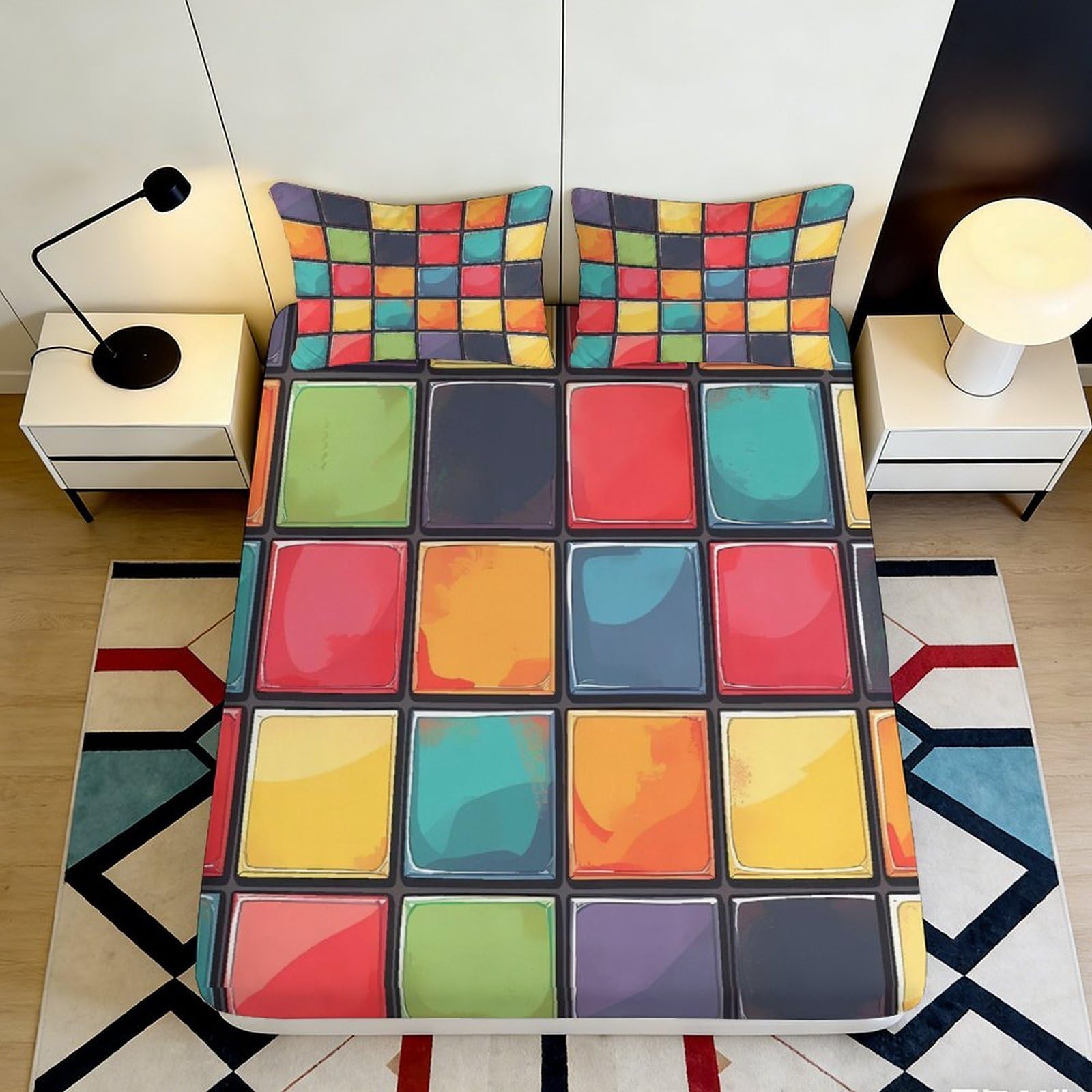 3D Printed Colorful Geometric Fitted Sheet Microfiber Bedroom Decor Patchwork Bed Cover Anti-Slip Easy Care for Home Guest Room 90x200x25cm