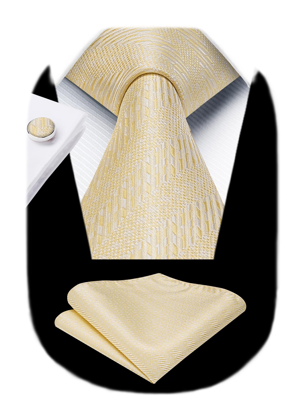 HISDERN Mens Solid Ties Formal Business Woven Tie and Pocket Square Cufflinks Set Classic Silk Satin Necktie Wedding