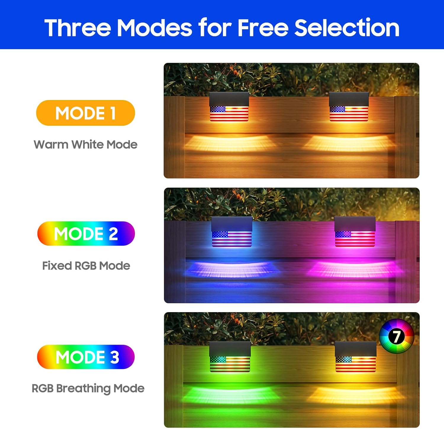 American Flag Decorations Solar Fence Lights, 6 Pack UAS Flag Solar Lights Outdoor for Fence with RGB & Warm White Mode, Waterproof Deck Fence Lights Solar Powered for Patriotic Decor