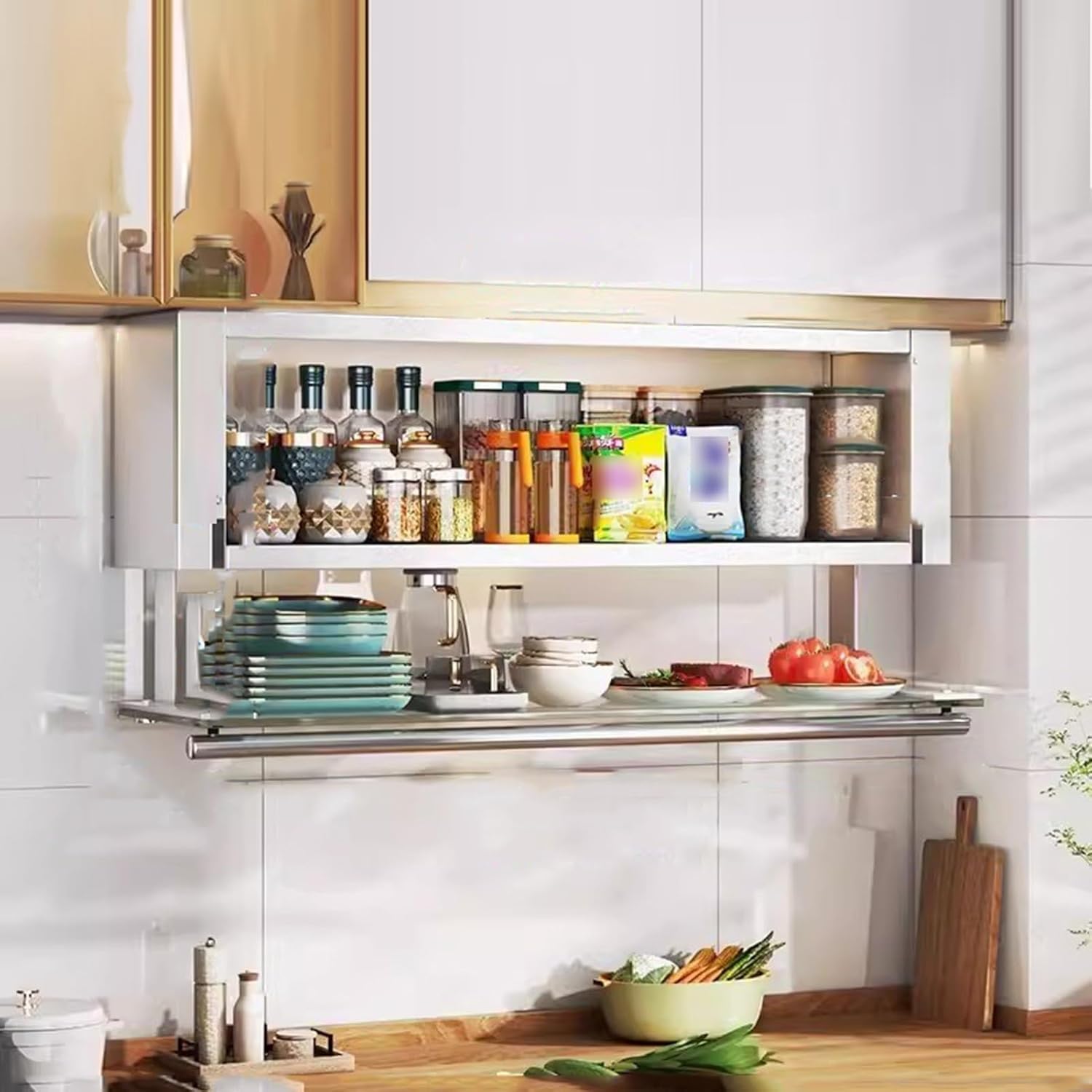 OLSKFUH Spice Rack Kitchen Storage Rack Pull Out Cabinet Shelf Glass Door Fold Down Shelf Bracket Hidden Upper Cabinet,White-50cm/19.7in