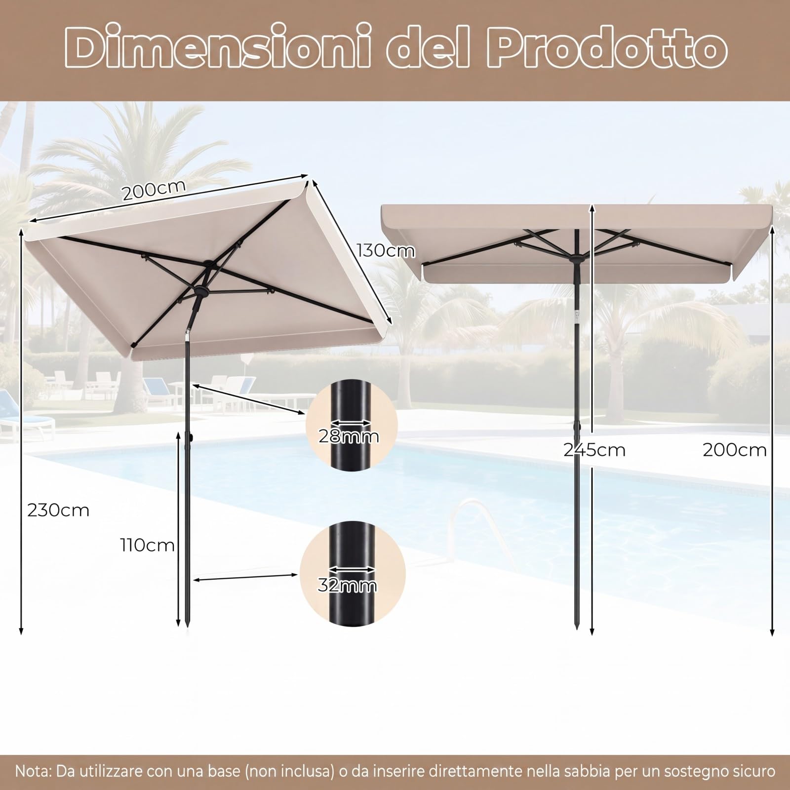 COSTWAY Ombrellone Balcone 200x130 cm, Inclinazione Regolabile (Beige) | Ombrellone con Borsa da Trasporto, Anti-UV, per Giardino, Terrazzo, Spiaggia