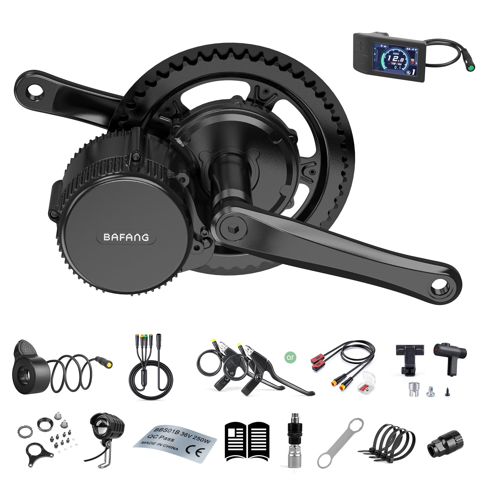 Bafang 250W Mid Drive Kit - Upgraded BBS01B 36V Electric Bike Conversion Kit with 500C Display & 44T Chainring, Brushless Geared 8Fun BBS01 Ebike Kit for 68mm Bottom Bracket, G340