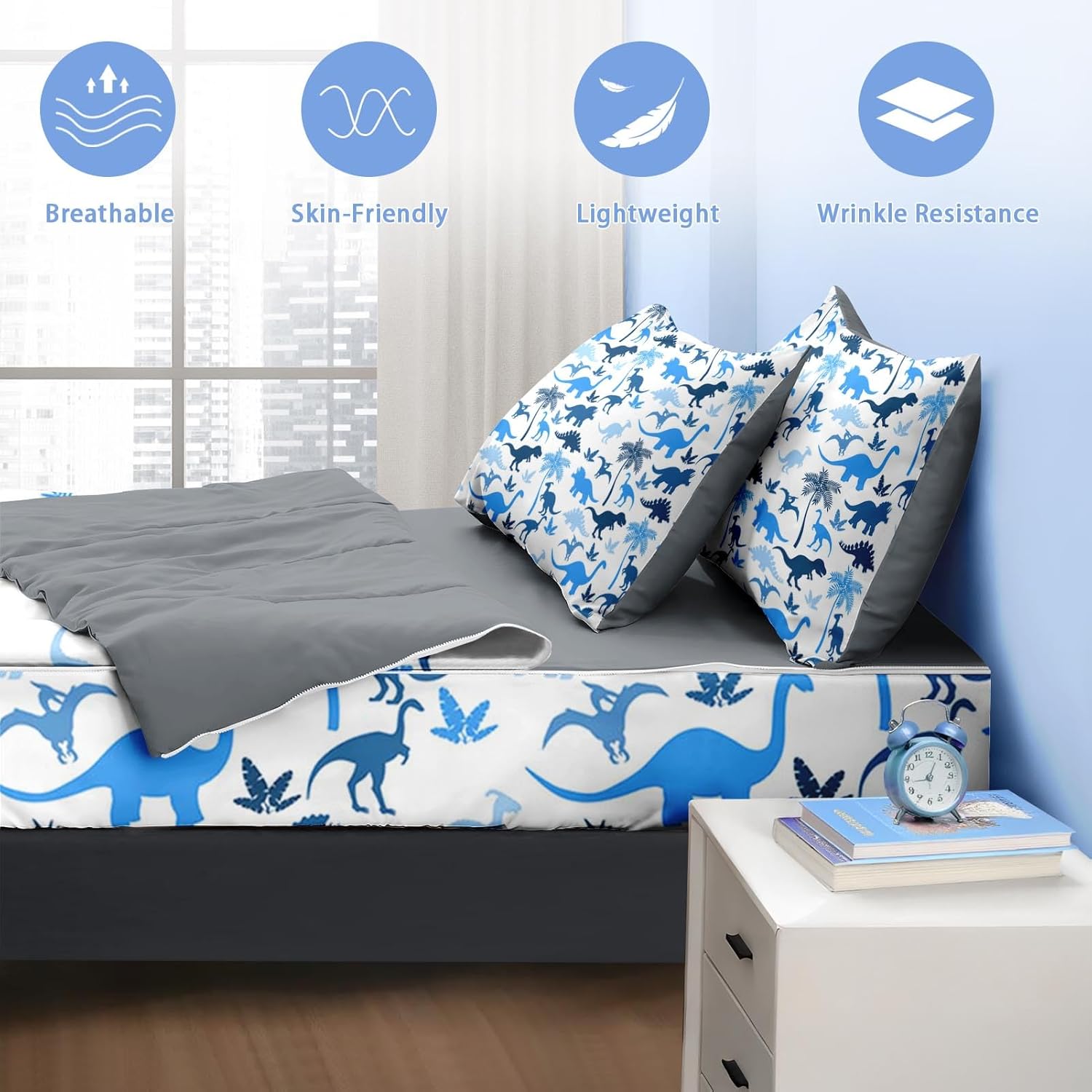 Nesker Zipper Bedding Twin Blue Dino Dinosaur, Zip Up Bedding Set for Boys and Kids, Wildlife Palm Tree 3 Pcs Comforter Bed in a Bag with Fitted Sheet and 2 Pcs Pillowcases - Image 8