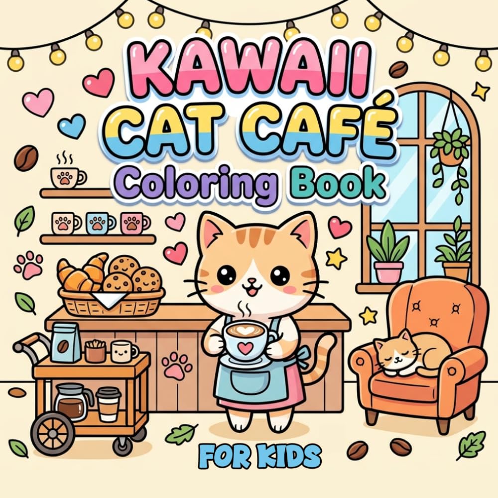 Kawaii Cat Café Coloring Book: Cute and Fun Kitty Coffee Shop Coloring Pages for Kids Ages 4-8