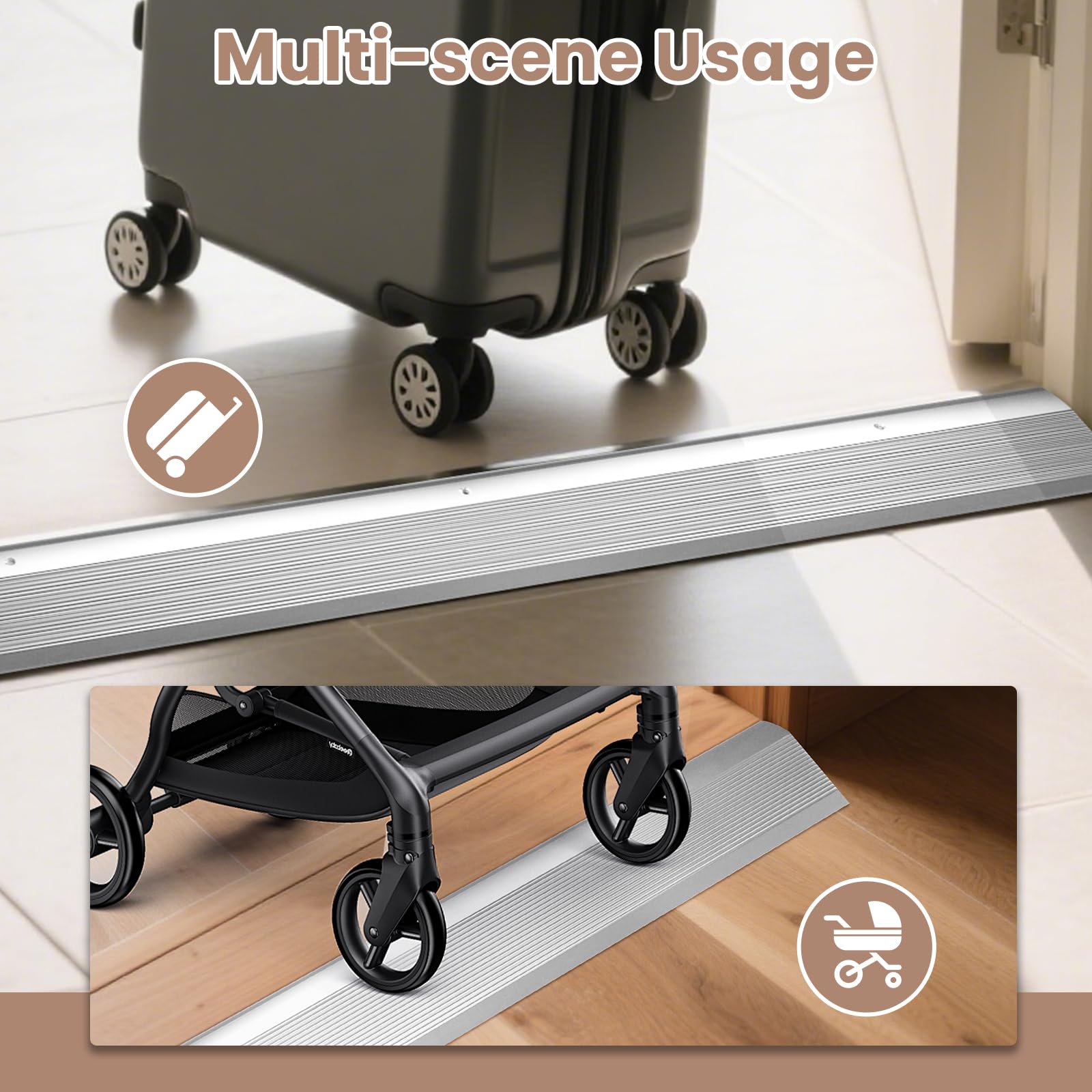 Aluminium-Metall-Türschwelle für Türen, Rampen für Türen bis zu 4,1 cm, für Rollstuhlfahrer zugängliche Übergangsleiste, für Fliesen, Holz, Vinyl, Marmor, Laminat, Betonböden (Silber, 2 Stück)