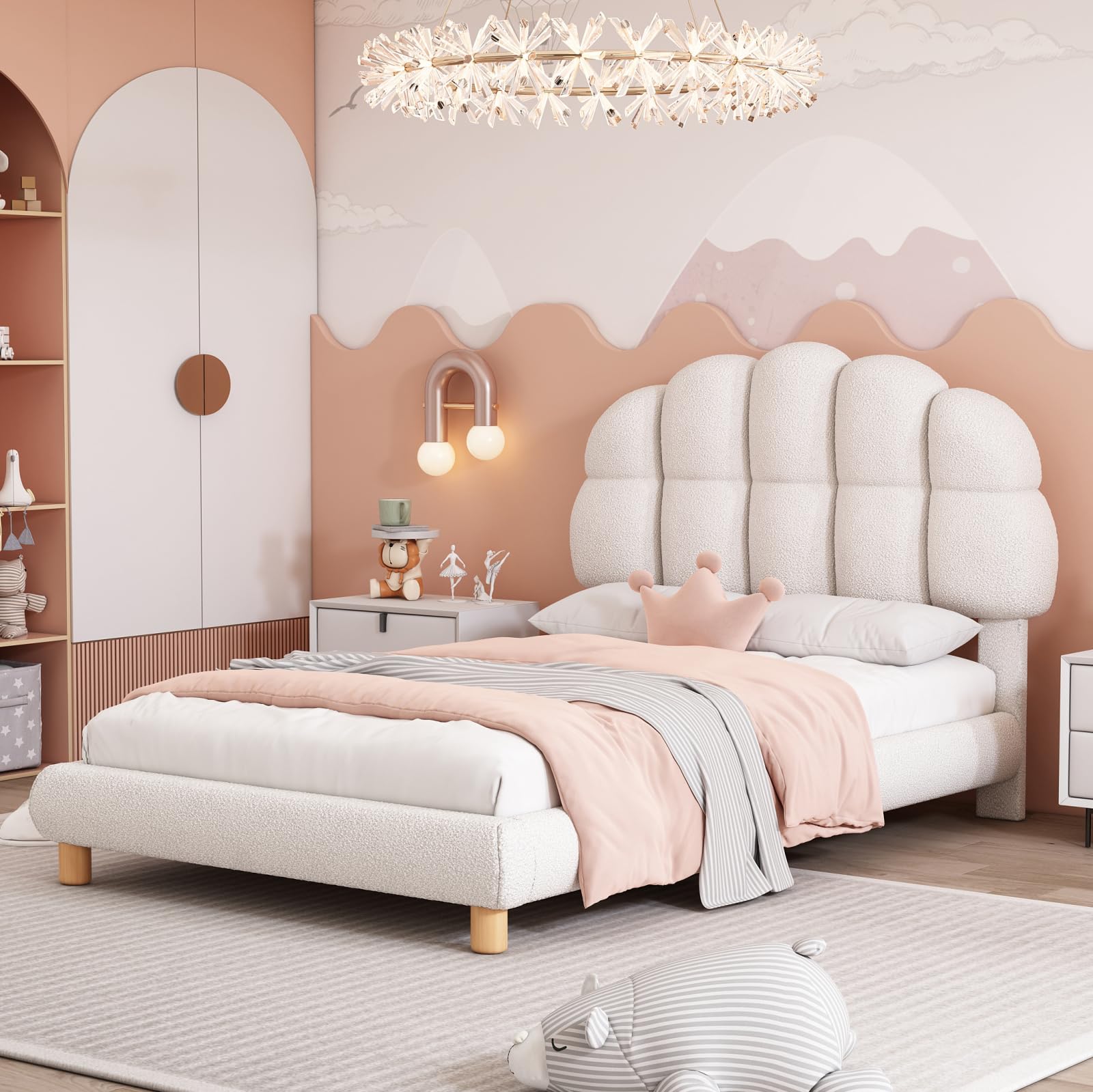 Mädchen Kinderbett 90x200cm mit Verstellbares Kopfteil, Einzelbett Polsterbett Bettgestell mit Lattenrost aus Holz, Einfache Montage, Kreisvlies, Ohne Matratze