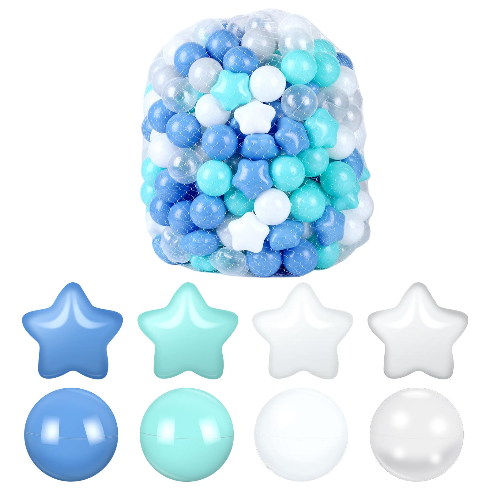 Meooeck 300 Pcs Balls and Star Shape Balls Shatter Proof Ocean Balls for Baby Toddlers, Soft Plastic Balls for Ball Pool Play Tent Playpen Birthday Party Outdoor Indoor Play