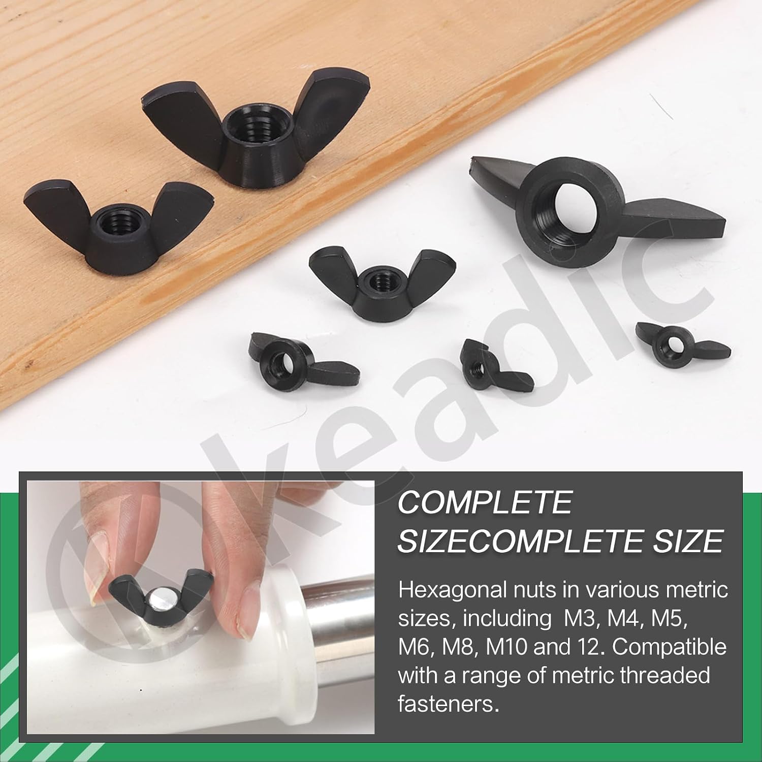 Keadic 110Pcs Nylon Metric Wing Nuts Assortment Set, M3 M4 M5 M6 M8 M10 M12 Hand Twist Tighten Ear Butterfly Nut Wingnuts for Home Building Industry (Black)