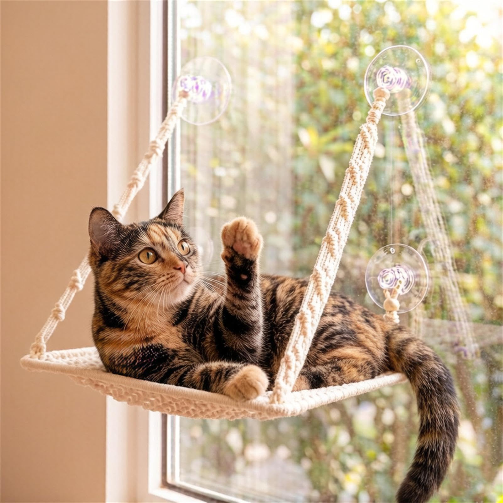Amaca pieghevole per finestra per gatti in macramè resistente