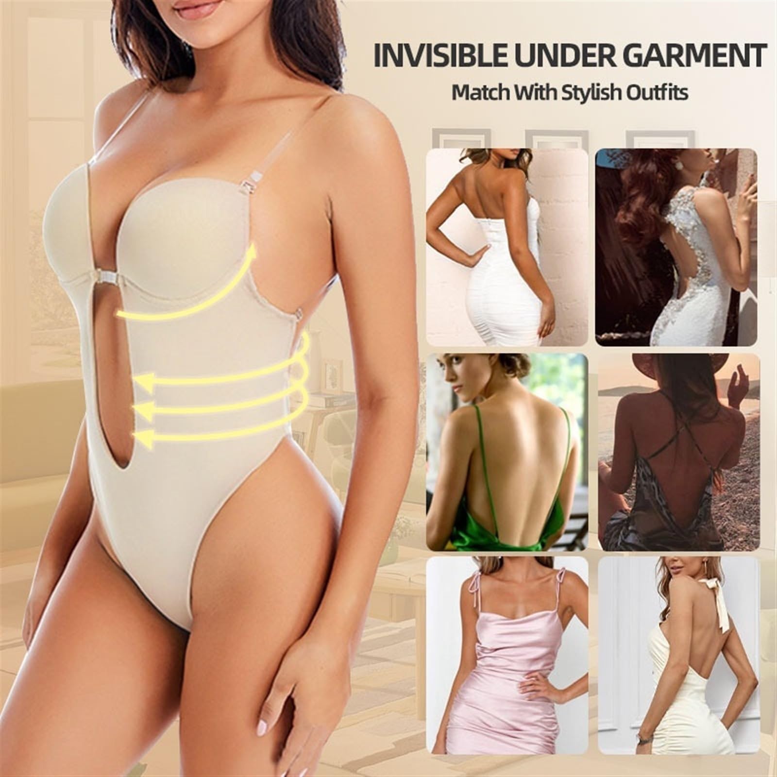 LYGBAOFUL Damskie bielizna modelująca body wyszczuplają brzuch Invishaper U Plunge Backless Body stringi body gorset talii Corse