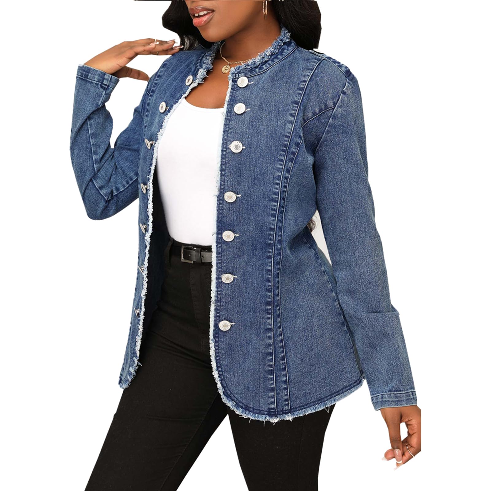 SheKiss 2024 Denim Blue Jean Jacket for Women Button Stand Collar Long Sleeve Plus-Size Girls Fashion Outerwear