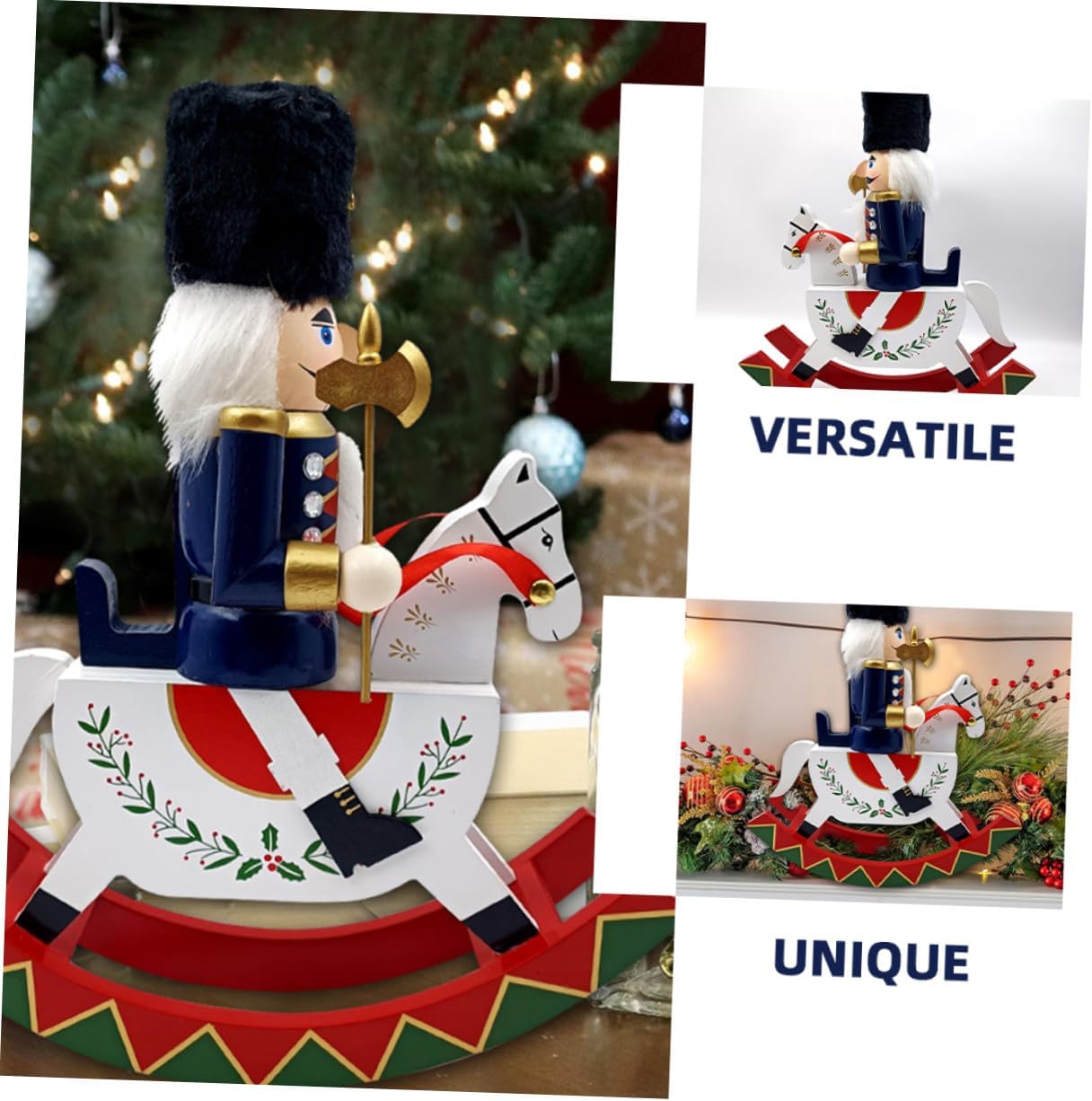 Christmas Nutcracker Figurine on Rocking Horse Large Wooden Nutcracker Table Centerpiece Traditional Holiday Christmas Puppet Decorative Figurine and Home Decor