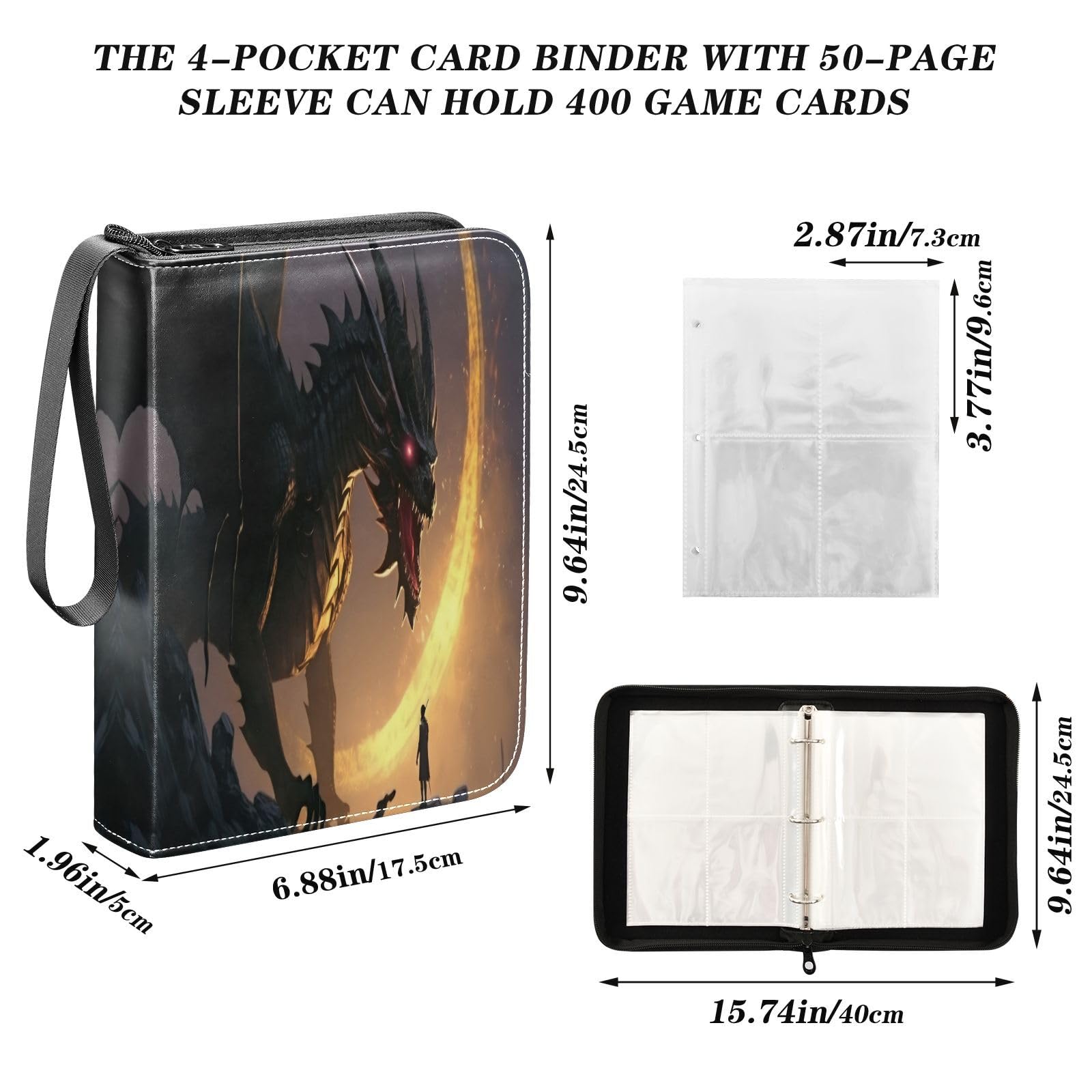 Amazon.com: Msyxl Black Fire Dragon Card Binder 4-Pocket, 400 Pockets PU  Waterproof Zippered Collector Card Album with 50 Removable Sleeves for  Trading, Game Cards : Toys & Games