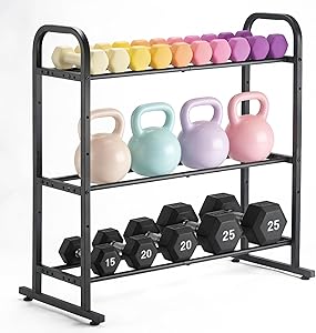 2/3-Tier Heavy Duty Dumbbell Rack, Holds 360/450 Lbs Total, Adjustable Width Height Stand for Dumbbells, Kettlebells&Weight Plates - Space Saving Home Gym Organize(Rack Only)