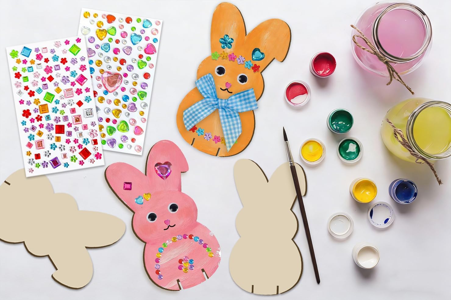 LIJUGITF Easter Crafts for Kids Adults, Wooden Bunny Art and Crafts Painting Kit, 12 Pack Unfinished Wood Bunny Cutouts for Spring Party Activities, Easter Basket Stuffers for Spring Home Decorations