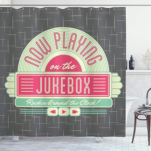 Ambesonne Jukebox - Cortina de ducha, fondo gris carbón inspirado en los años 50, imagen de caja de música de radio, juego de decoración de baño de
