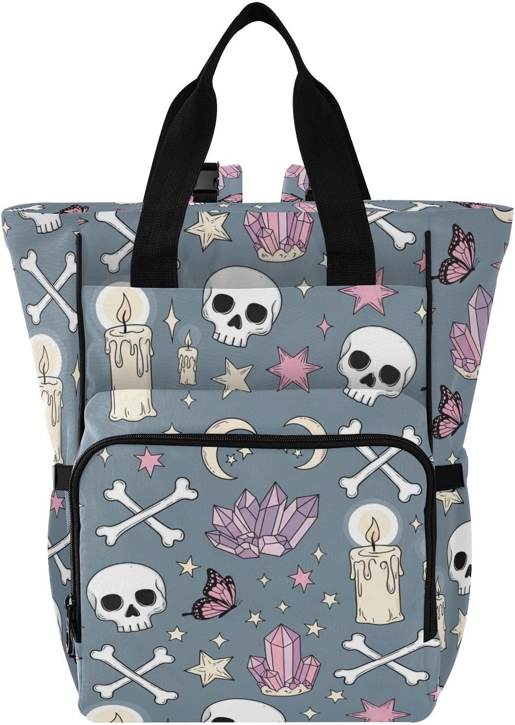 Gothic Skulls Stars Gray Pattern Diaper Bag Backpack for Baby Boys Girls Multifunction Baby Essentials Travel Tote with Stroller Straps & Bottle Storage Maternity Travel Bag for Baby Shower Gifts