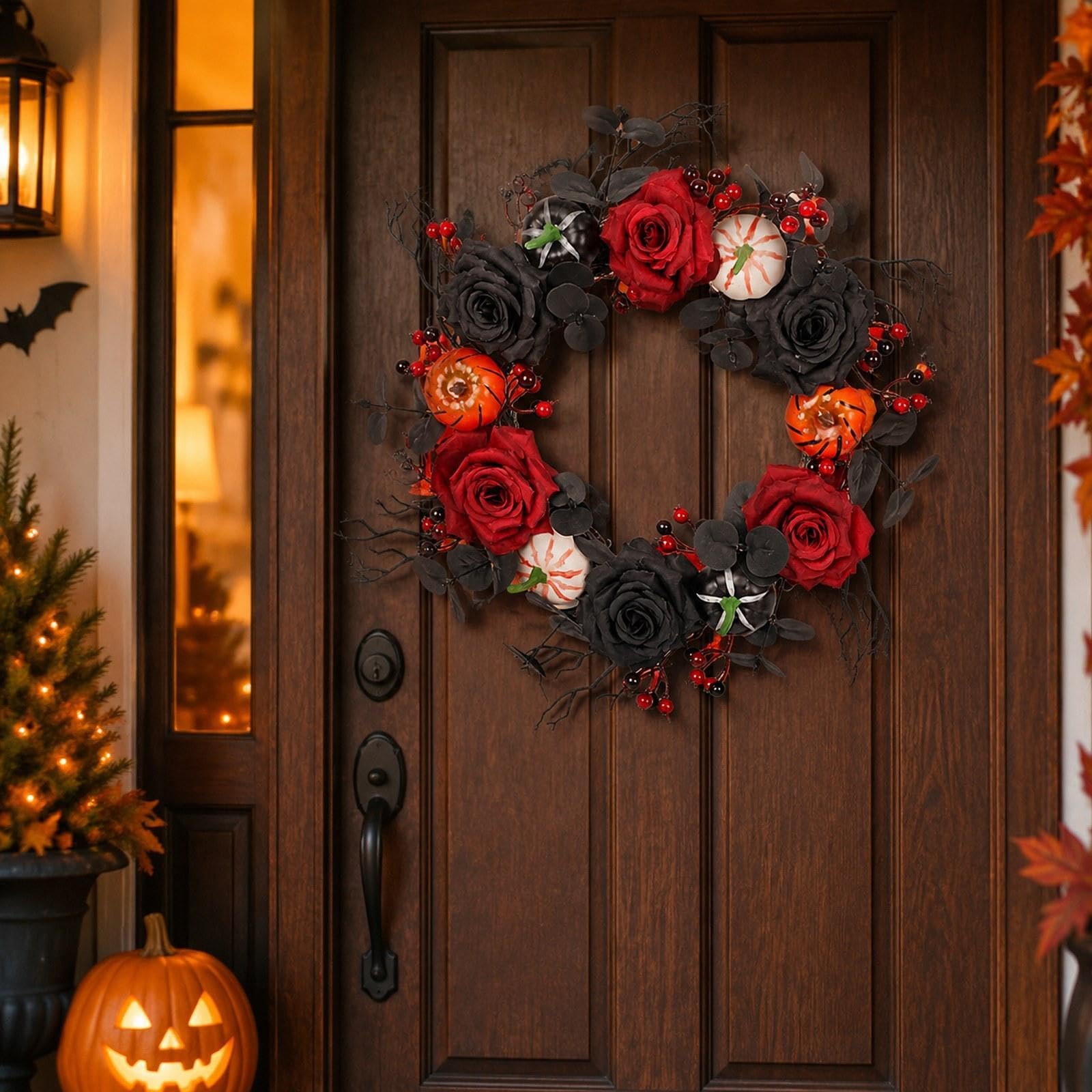 rockible Ghirlanda di Halloween per porta, ghirlanda artificiale da appendere, ornamento natalizio gotico con foglie di e per patio e