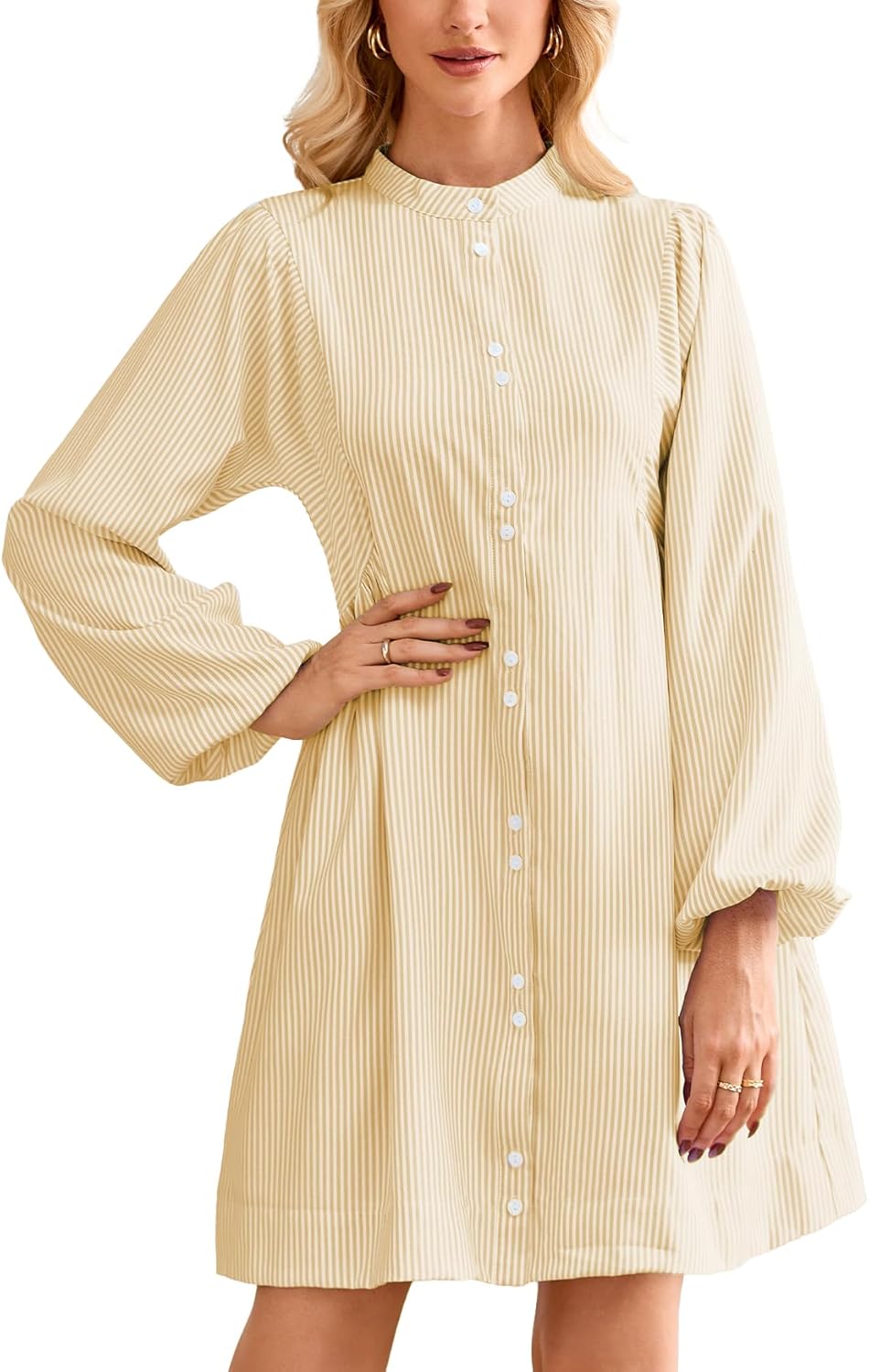 Women's Striped Tunic Mini Dress Long Sleeve Button Down Collarless Shirt Dress with Pockets