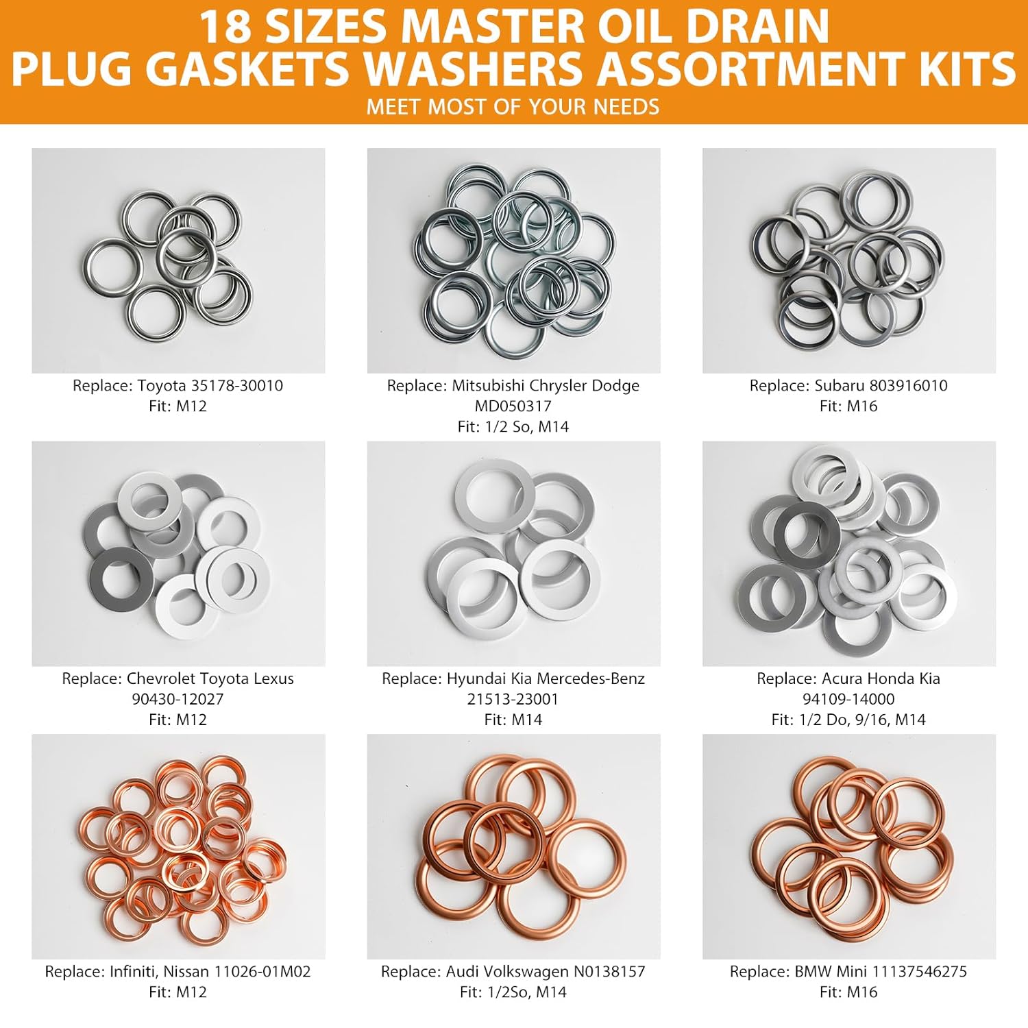 200PCS 18 Sizes Master Oil Drain Plug Gaskets Washers Assortment Kits Fit for Toyota, Subaru, Chevrolet Replace 90430-12031, MD050317, 803916010, 11026-01M02, 11137546275, APC93000