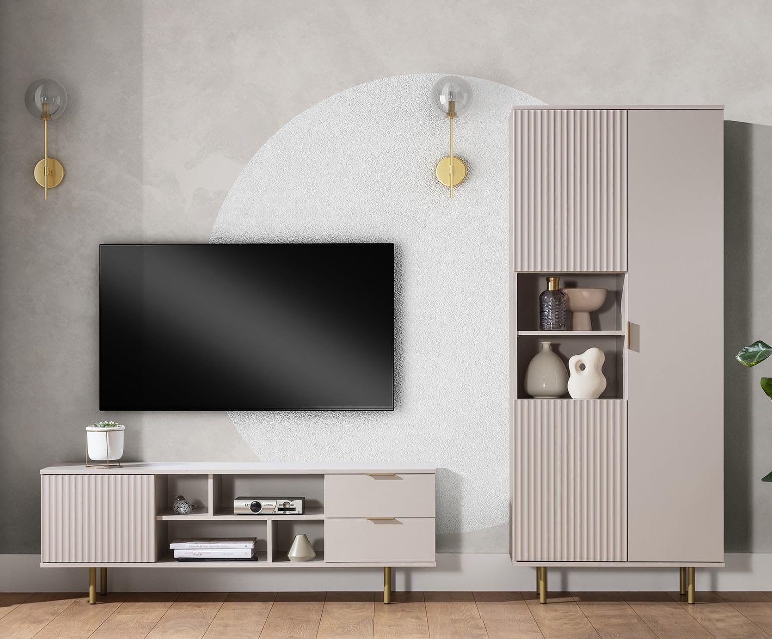 Marmex Wohnzimmer-Set Nubia 6 im Set: Standregal 05, Lowboard 06, TV-Schrank und Regal für Wohnzimmer, in Zwei Farben, TV-Wand-Set, Wohnzimmersets (Cashmere+goldbeige)
