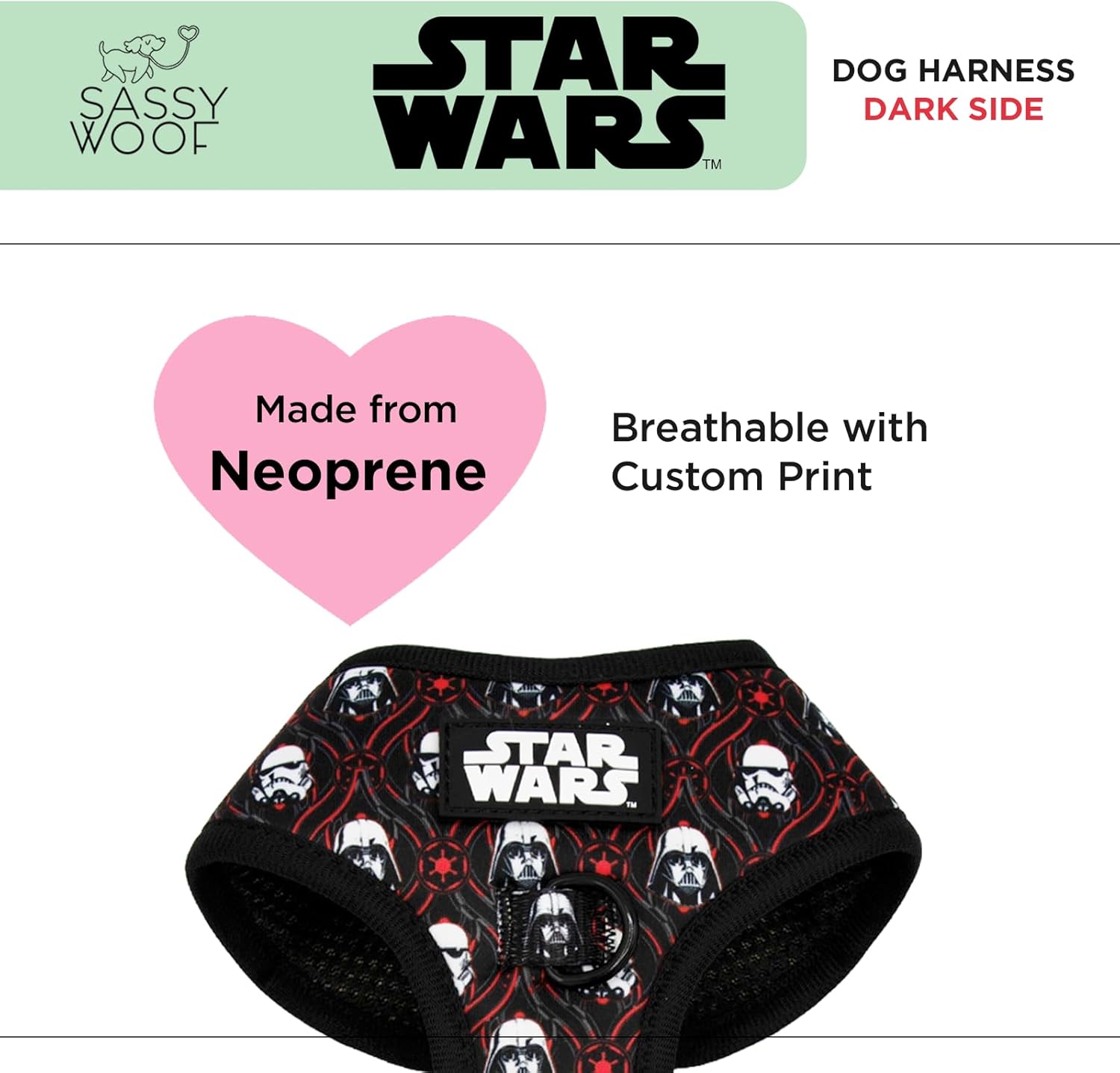 Dog Adjustable Harness - Star Wars™ The Dark Side - M, Breathable Mesh, No Pull Design with Two D-Rings, Patented Design, Perfect for Small Dogs and Puppies