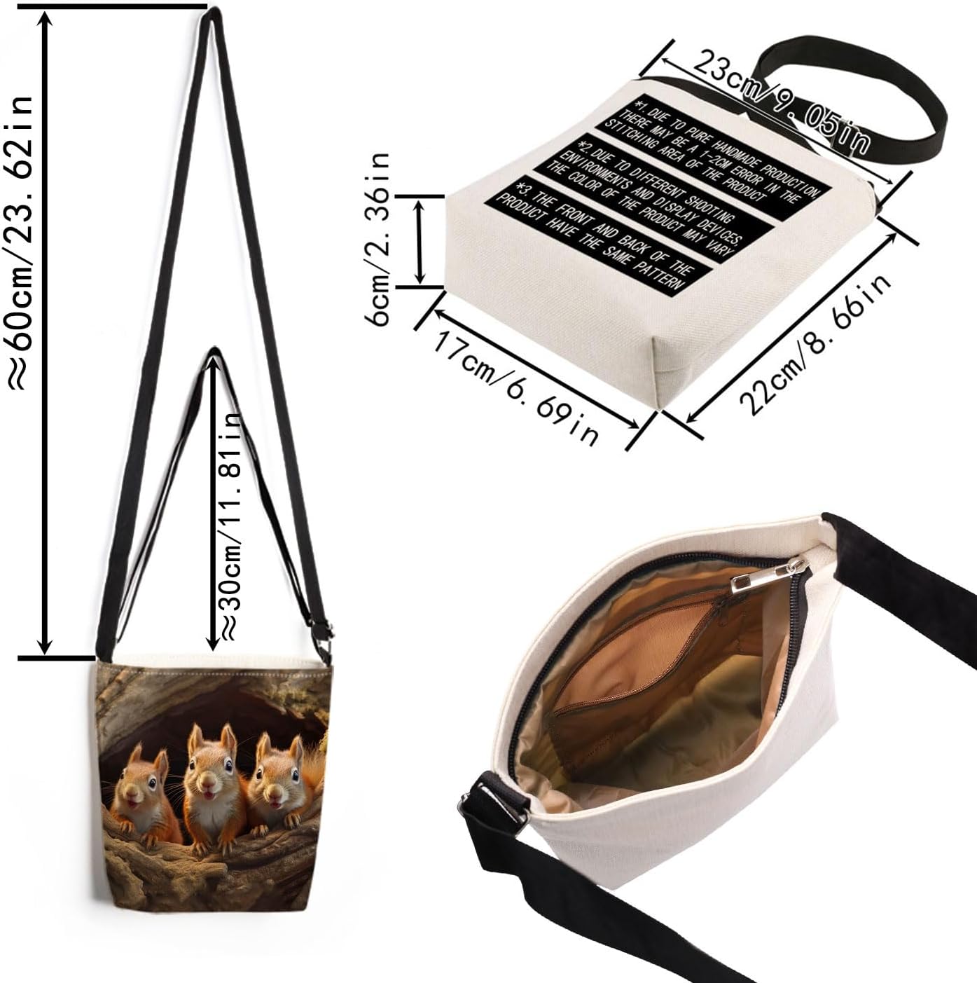 Squirrel Print Canvas Crossbody Bag, Adjustable Strap Lightweight Purse with Top Zipper & Inner Pocket, Daily Shoulder Bag Gift for Women -1 - Image 4
