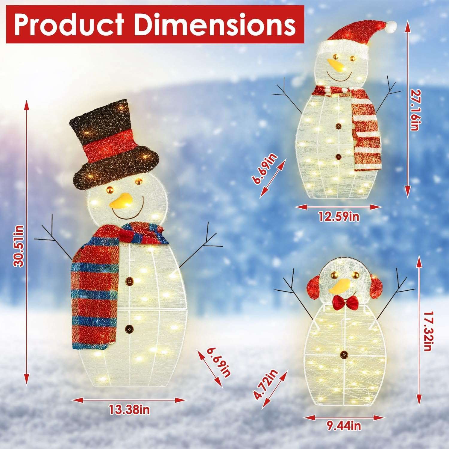 TeqHome 3-Piece Snowman Christmas Decorations, 30" Light Up 2D Snowman Family Set with 90 LED Lights & 8 Modes, Waterproof Outdoor Yard Holiday Decoration for Patio Garden Lawn Indoor Party Xmas Decor