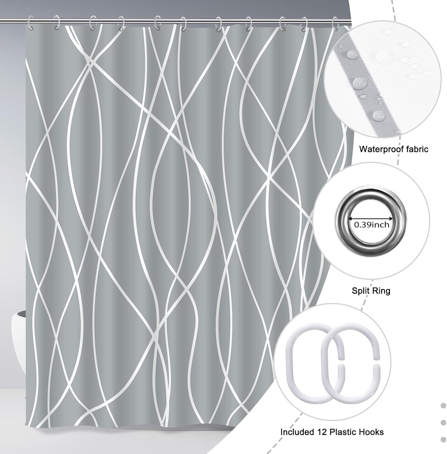 Punkray Light Grey Shower Curtain for Bathroom with Hooks, Shower Curtain Set Stripe Bath Curtains Decorative White Shower Curtains Weighted Hem Water Repellent Washable, 72 x 72