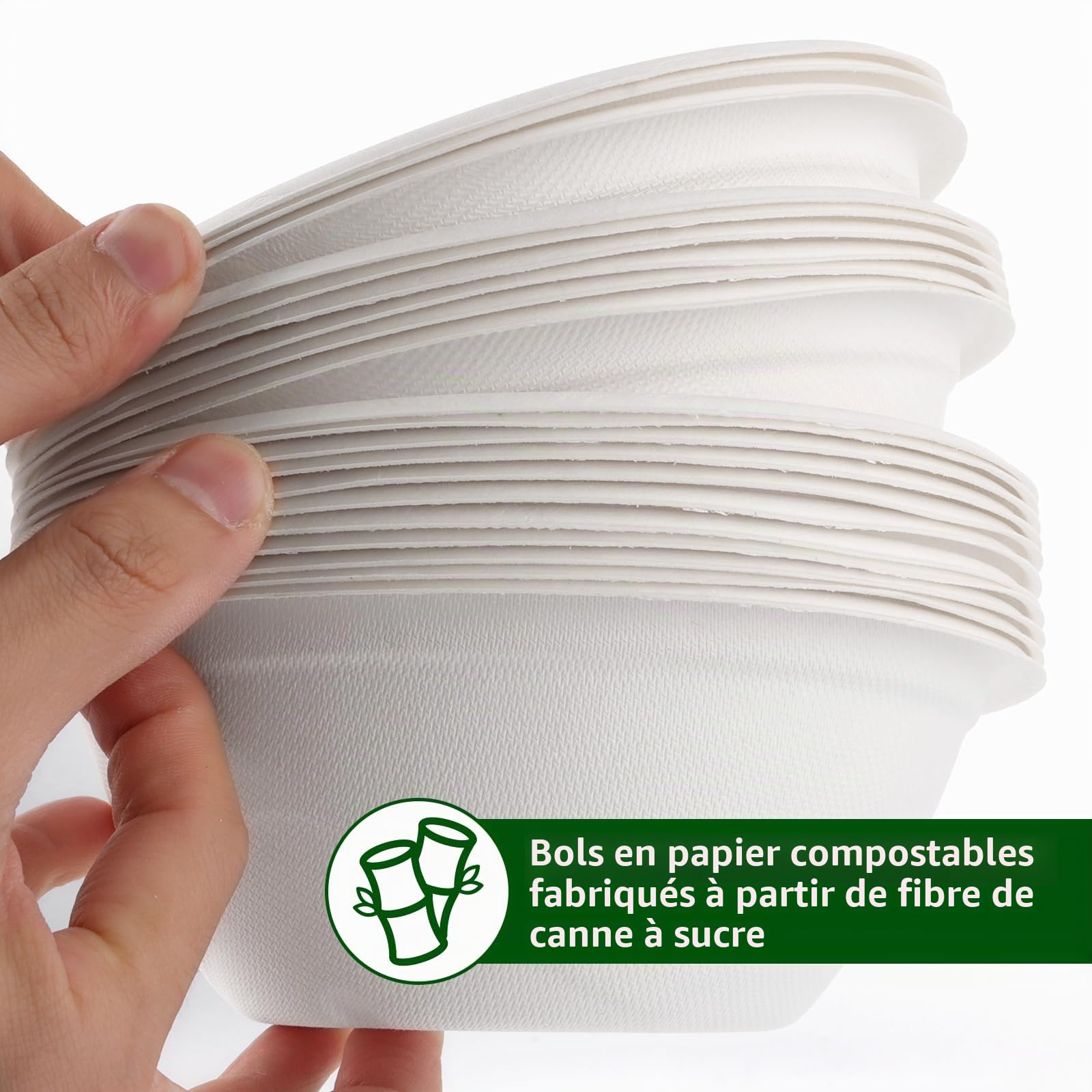 100 Bols Jetables 750 ml, Bols à Soupe en Bagasse de Canne à Sucre, Compostables et Résistants (100 pièces), Pour Fêtes, Pique-nique, Usage Alimentaire, Blanc