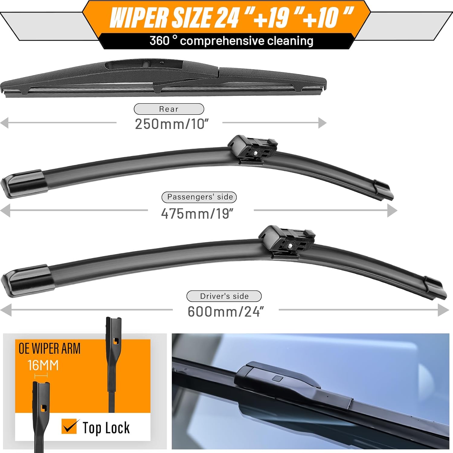 AUTOBOO 24"+19" Windshield Wipers Blades Replacement for Honda CRV CR-V 2023 2024 2025 with 10 Inch Rear Wiper Blade -Original Factory Quality (Pack of 3)