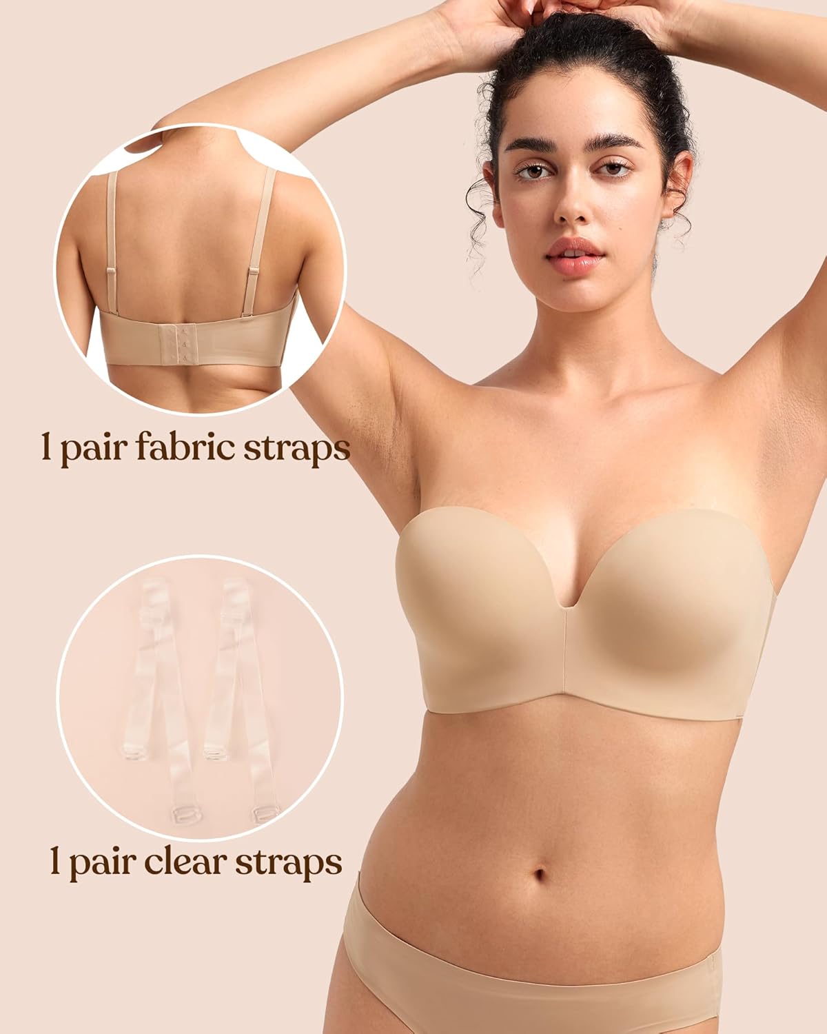songful by HSIA Strapless Bras for Women Push Up Wireless Non-Slip Seamless Plunge Bandeau Bras with Multi-Way Straps Light Beige - Image 4