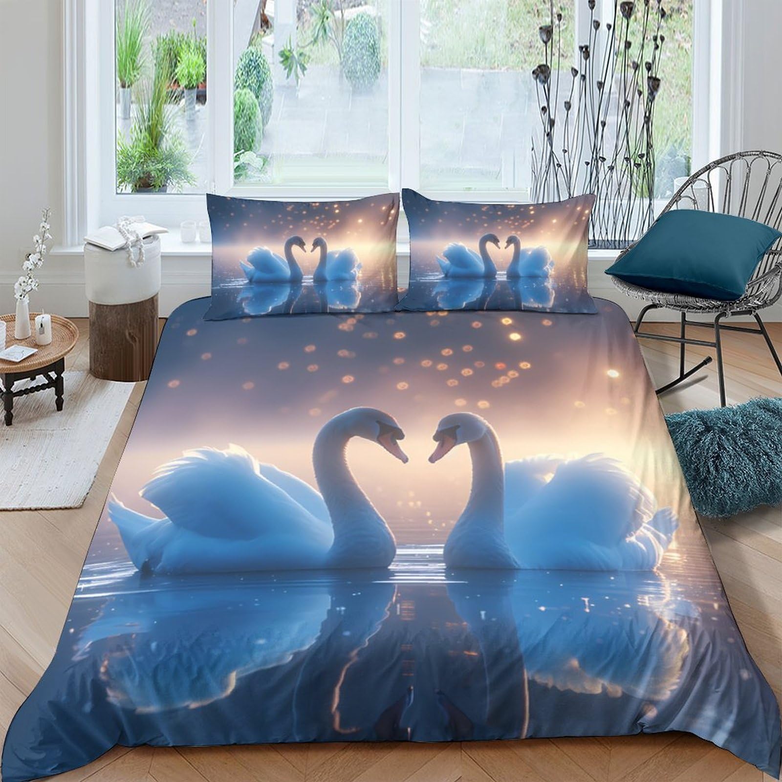 Ctjqhvkz Style-10 3D Printed Blue Swan Lake Fitted Sheet Microfiber Soft Breathable Heart Reflection Mattress Cover Bedroom Decor Single（135X200cm）
