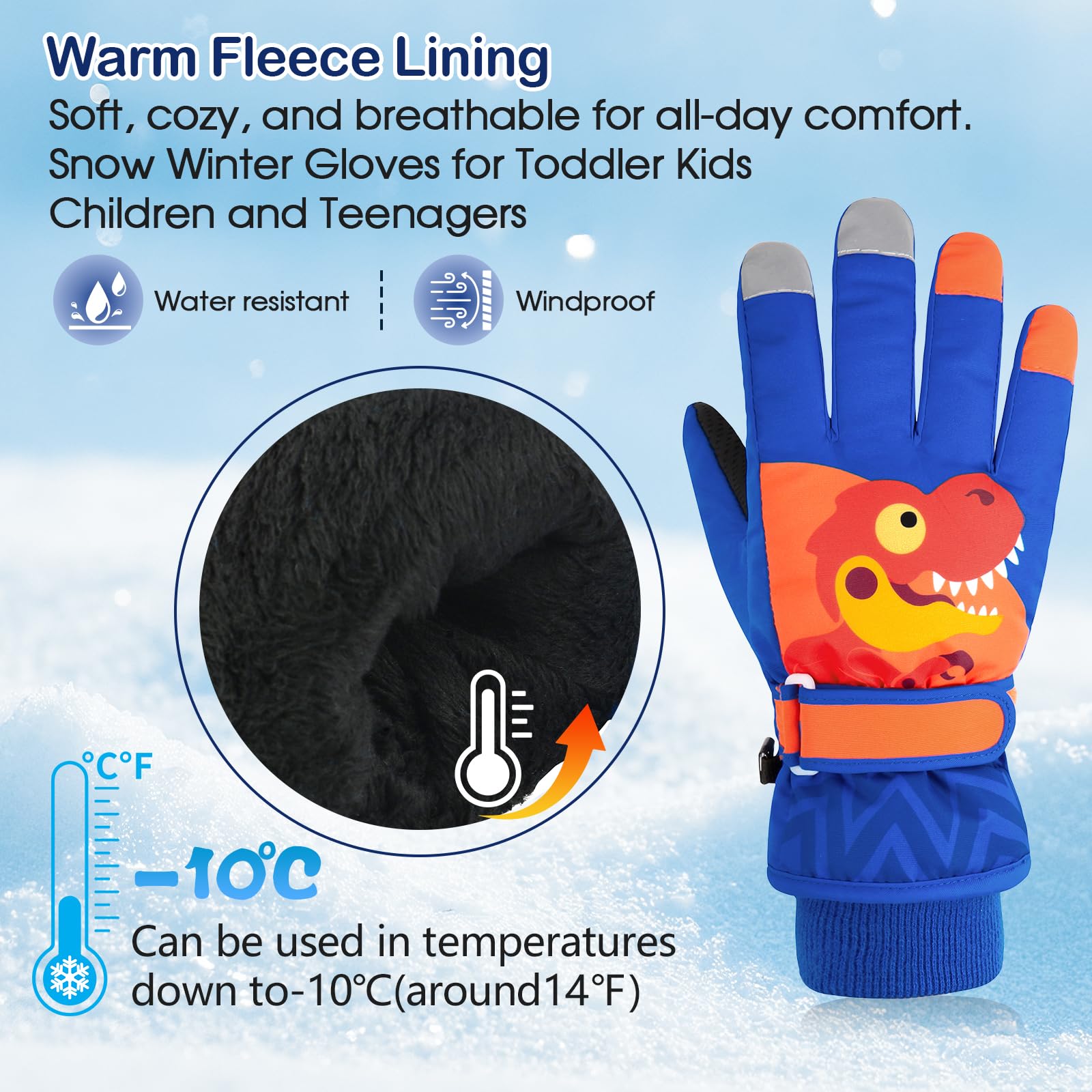 Guanti invernali per bambini, impermeabili per bambini, guanti da sci, guanti da neve, guanti da dito per bambini, guanti da dinosauro, blu reale, S