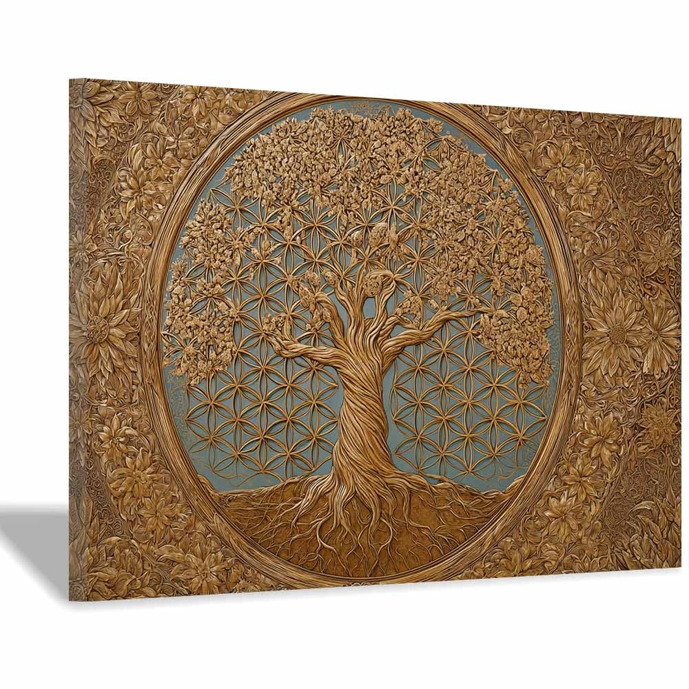 ZAMAEIU Tree of Life Painting Abstract Carved trees encircle Panoramic Canvas Prints Pictures for Living Room Bedroom Home Office Wall Decoration(brown)-30x50cm Framed
